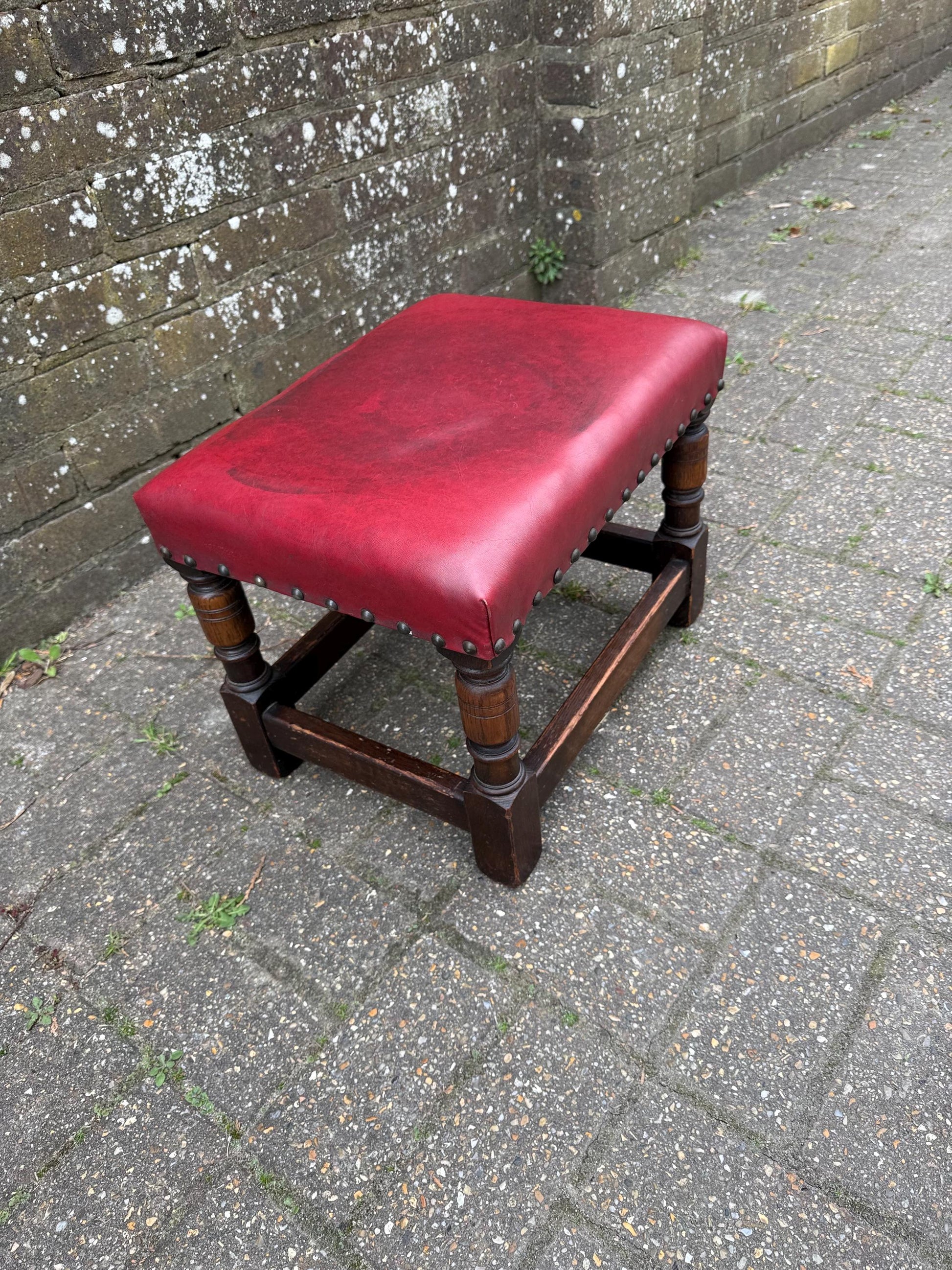 Vintage solid oak mid-century leather stool, vintage 1950s foot stool, mid century footstool