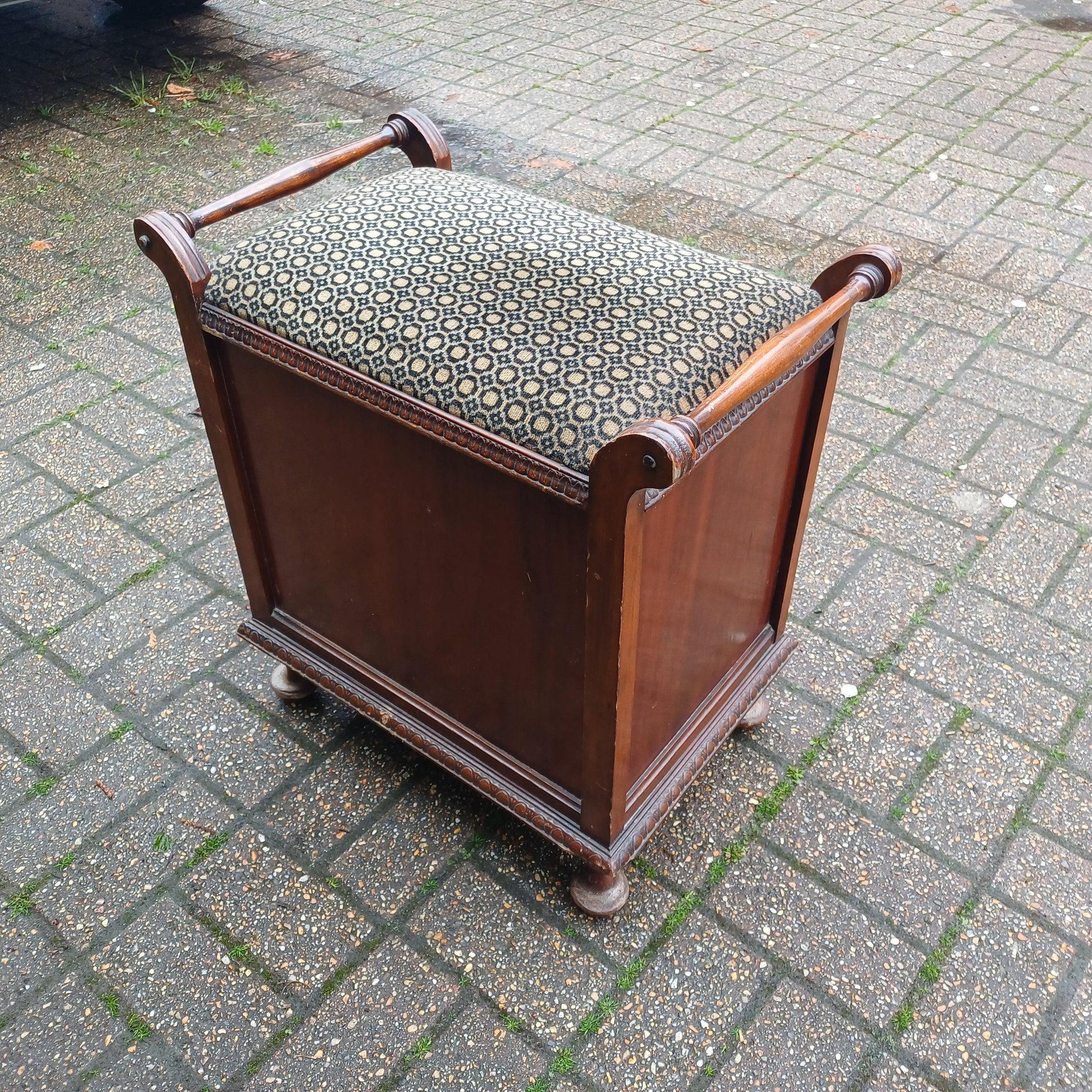 Vintage Edwardian Piano Stool Bench Mahogany Storage Seat Fabric Hallway Bedroom Multi Use Antique Charm