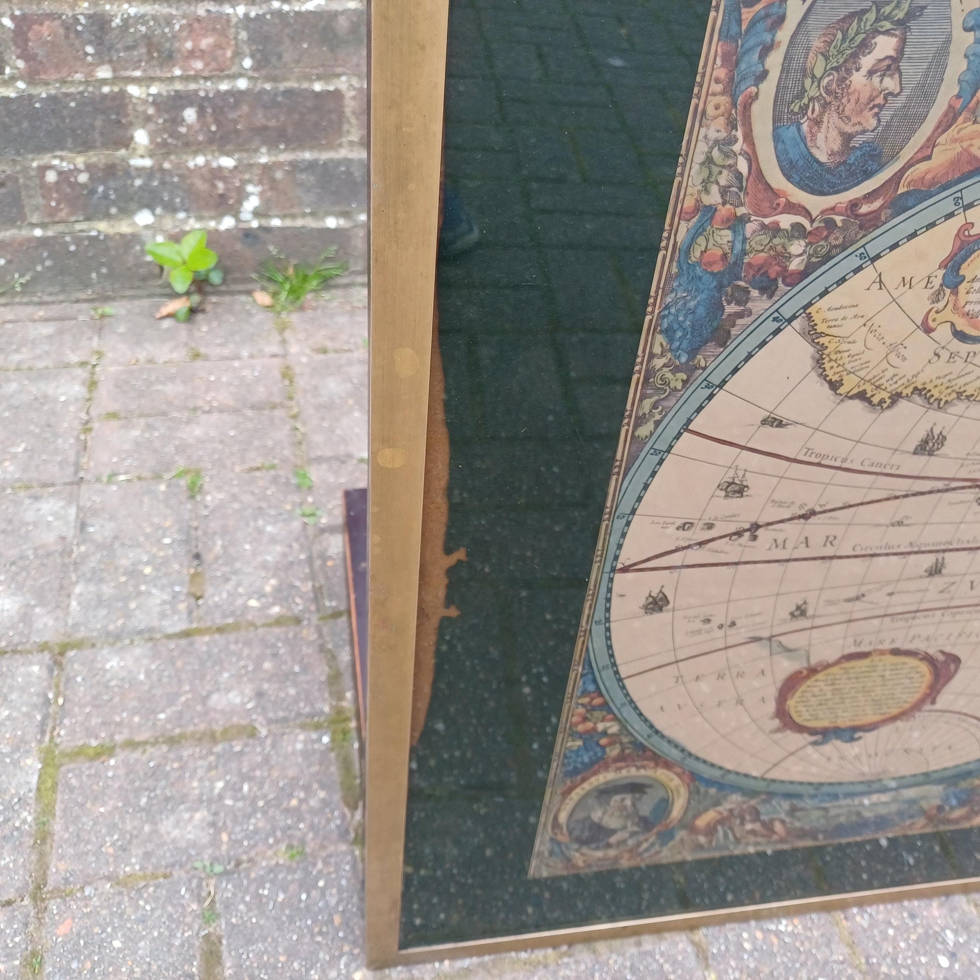 Vintage Retro Explorer’s Coffee Table 17th Century World Map Under Glass with Brass Frame, Teak Legs, Mid-Century Style FREE HAND Delivery