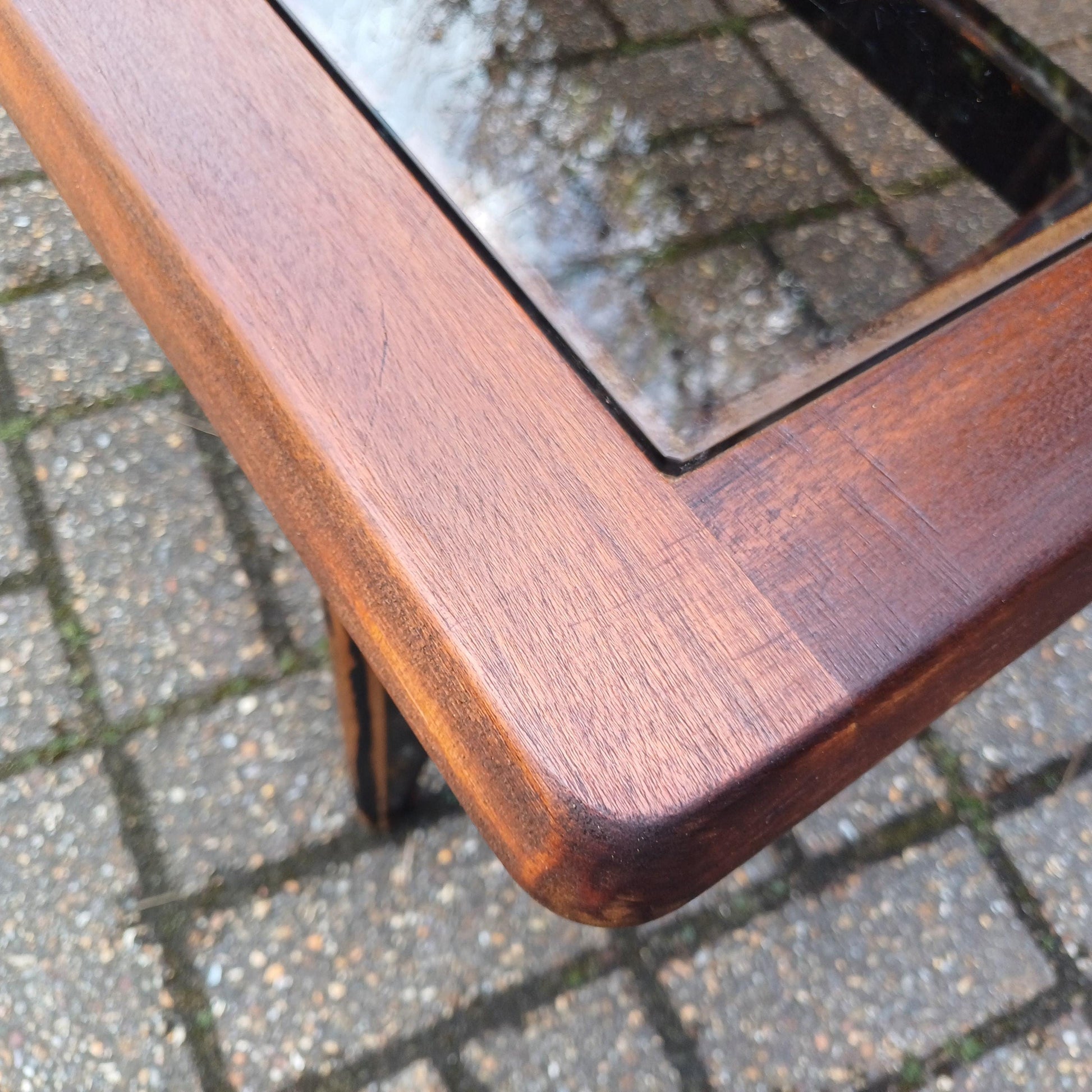 Unique 1970s Danish Style Coffee Table Smoked Glass Top, Black Painted Base, Distressed Upcycled Finish
