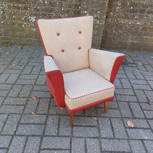 Quirky Retro Mid-Century Modern Wingback Armchair Red & Cream Vinyl Upholstery, Wooden Legs