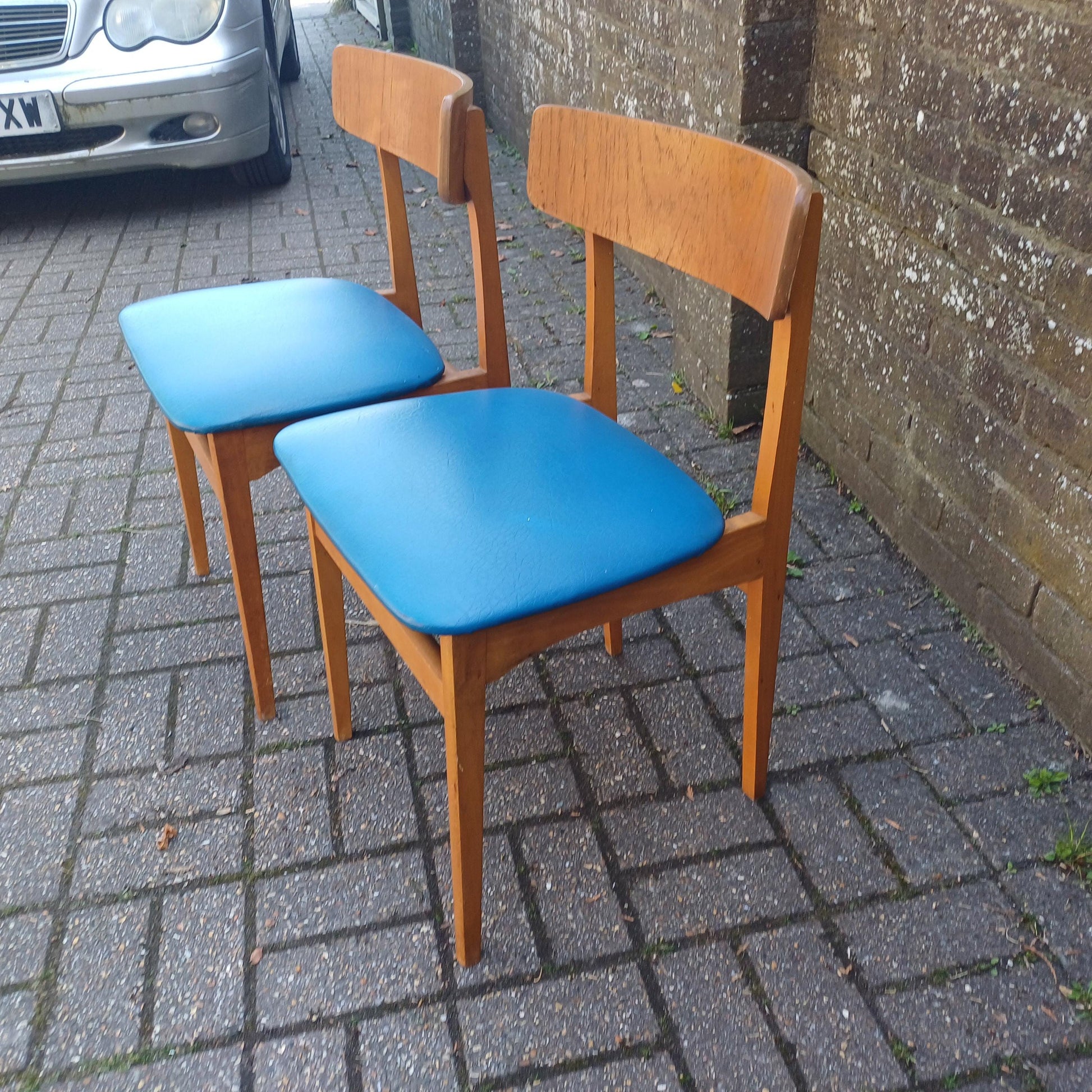 Pair of Mid-Century Modern Retro Dining Chairs Solid Wood Frames with Blue Vinyl Seats