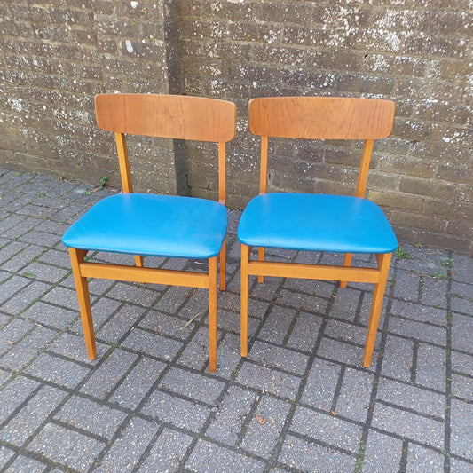 Pair of Mid-Century Modern Retro Dining Chairs Solid Wood Frames with Blue Vinyl Seats