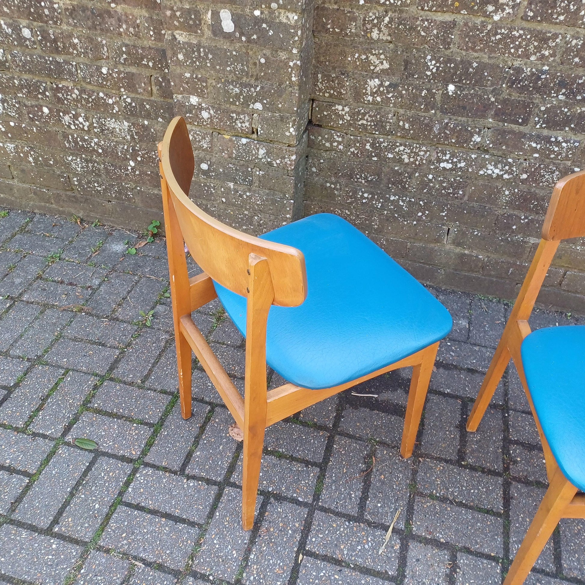 Pair of Mid-Century Modern Retro Dining Chairs Solid Wood Frames with Blue Vinyl Seats