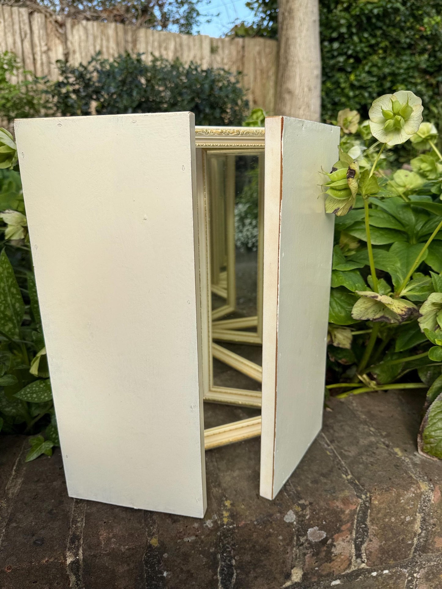 Retro vintage triple mirror, vintage dressing table mirror, cream and gold bedroom vanity mirror