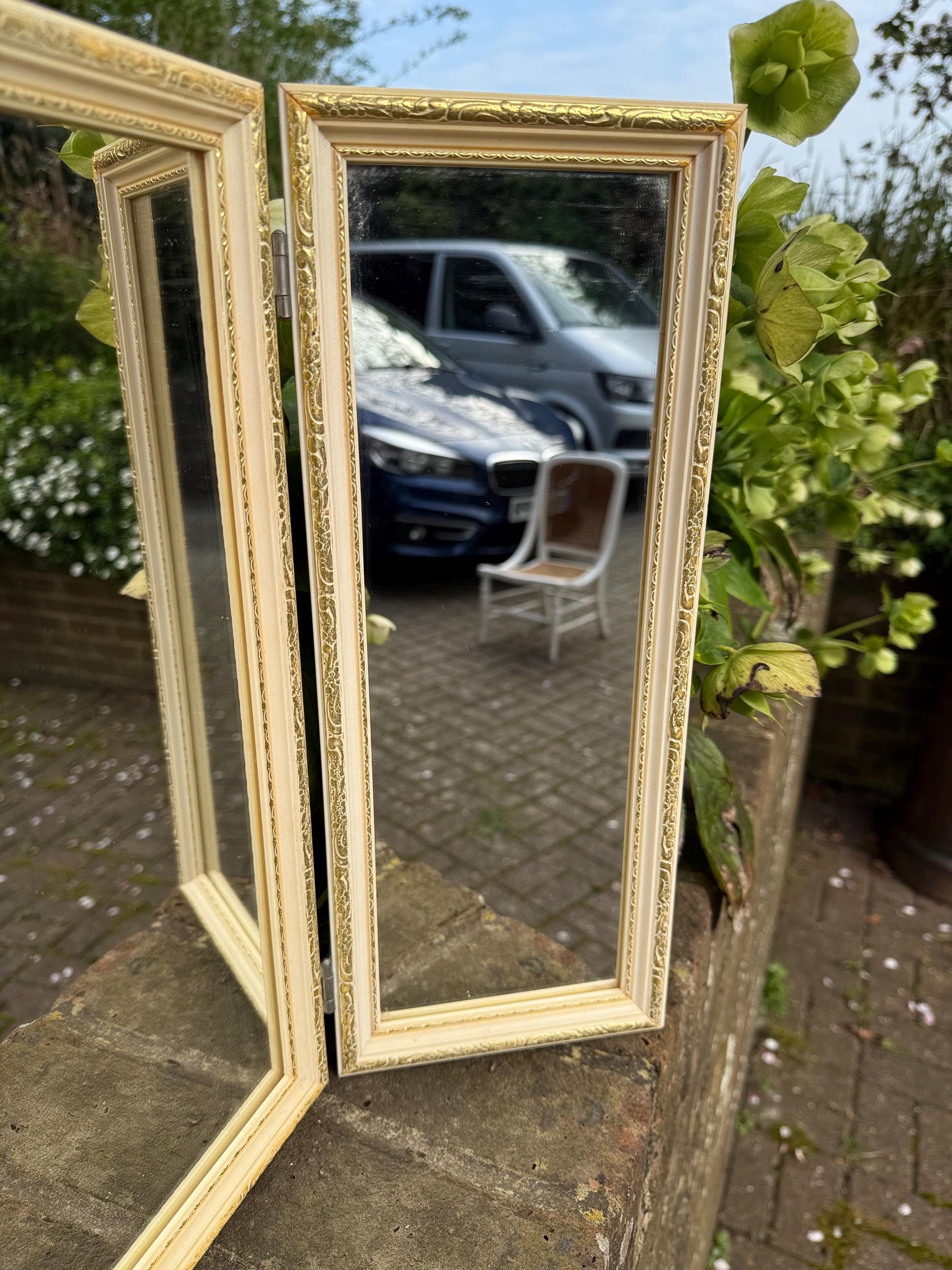 Retro vintage triple mirror, vintage dressing table mirror, cream and gold bedroom vanity mirror