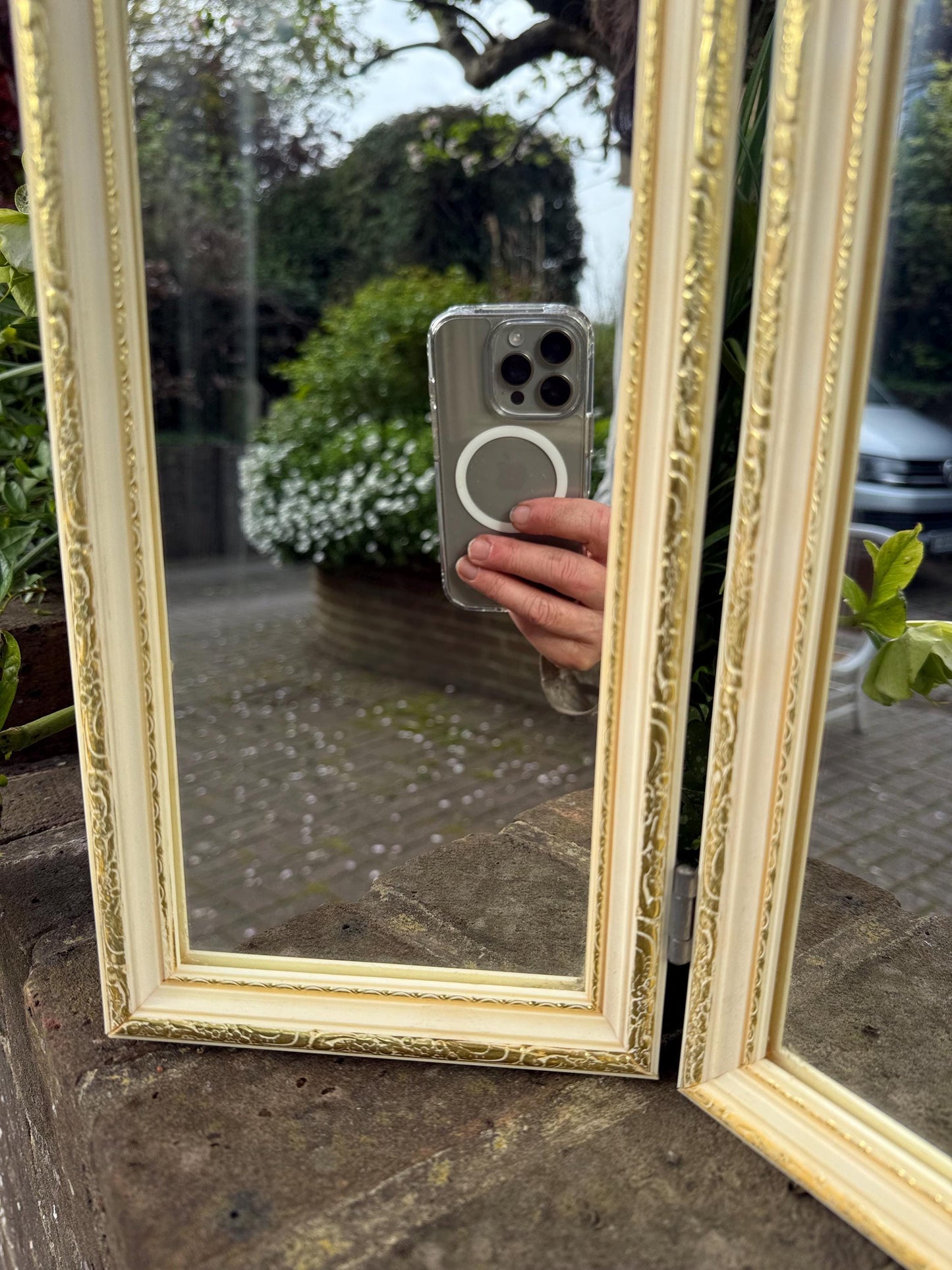 Retro vintage triple mirror, vintage dressing table mirror, cream and gold bedroom vanity mirror