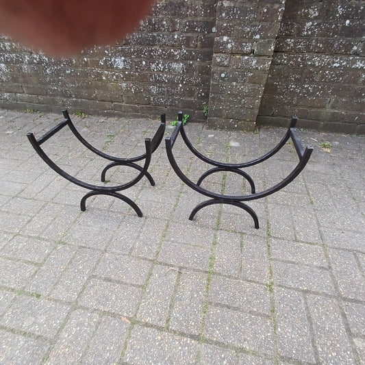 Pair of Vintage Iron Log Holders 1980s 1990s Black Hand Forged Wrought Iron Fireplace Wood Storage Rustic Industrial Style