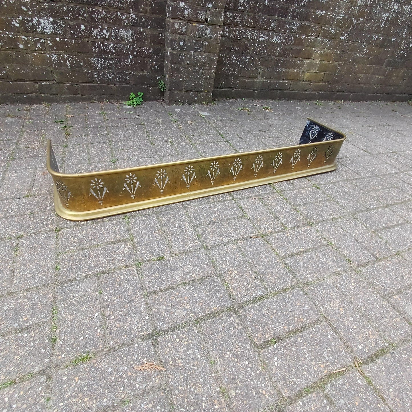 Antique Brass Fireplace Fender Victorian Gothic Art Nouveau Pierced Cross Star Motif Rolled Edge Patina Decorative Hearth Guard