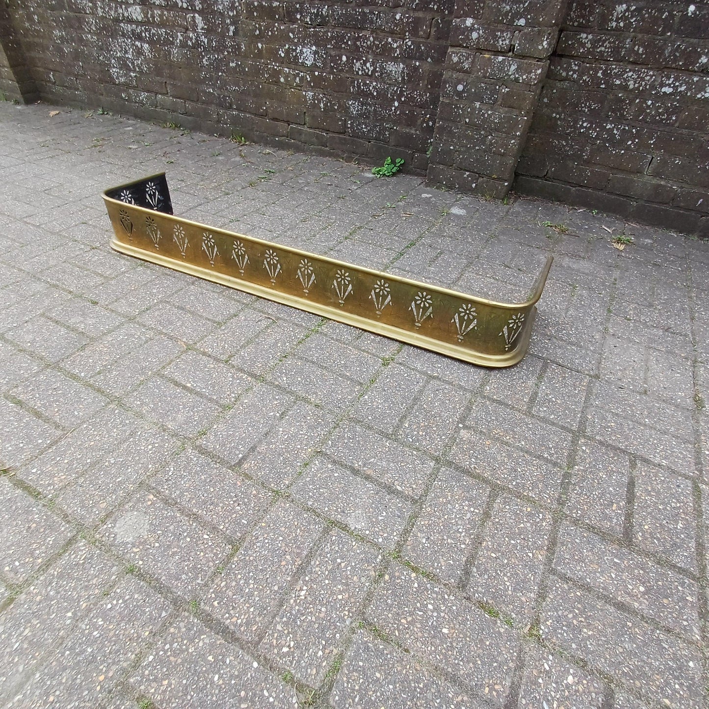 Antique Brass Fireplace Fender Victorian Gothic Art Nouveau Pierced Cross Star Motif Rolled Edge Patina Decorative Hearth Guard