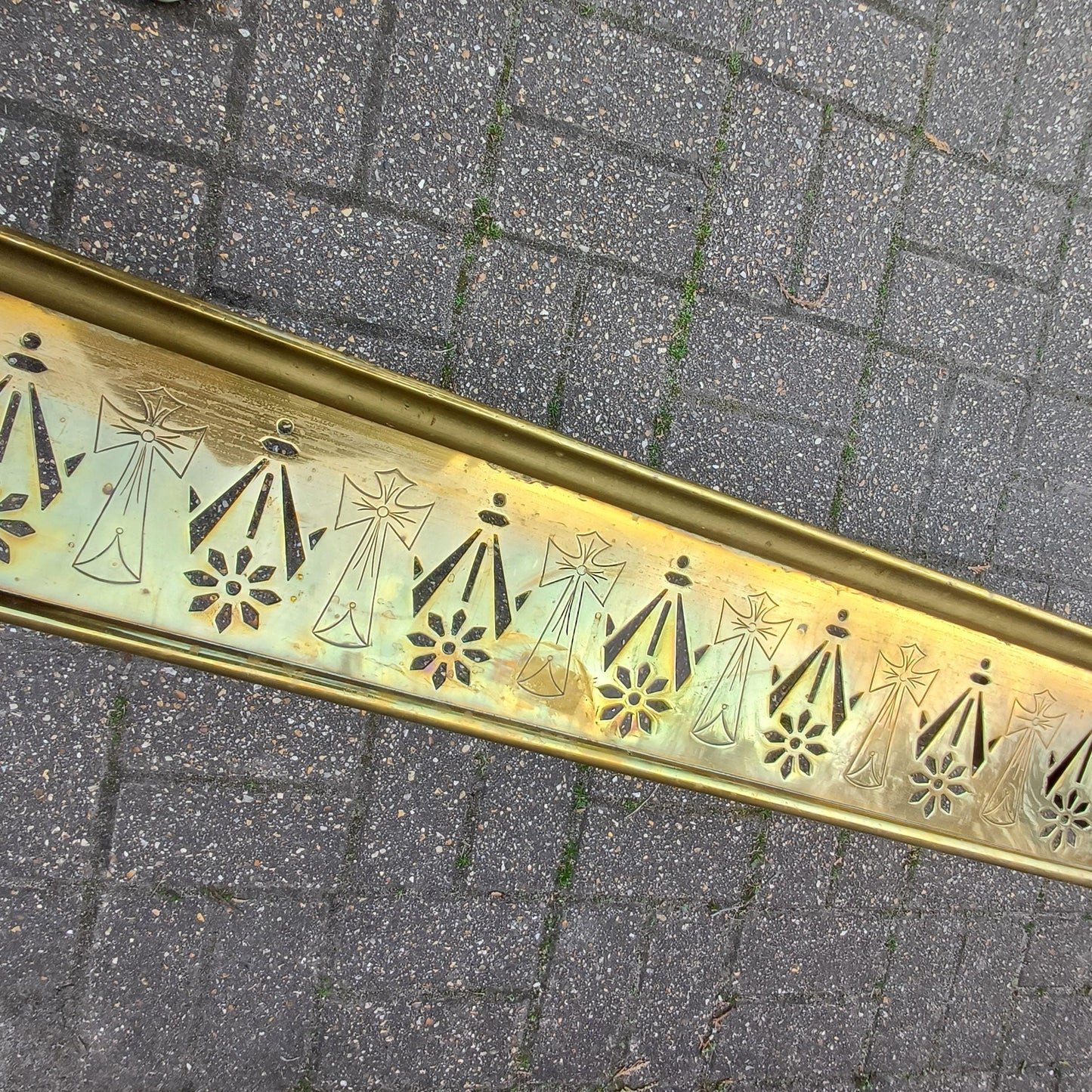 Antique Brass Fireplace Fender Victorian Gothic Art Nouveau Pierced Cross Star Motif Rolled Edge Patina Decorative Hearth Guard