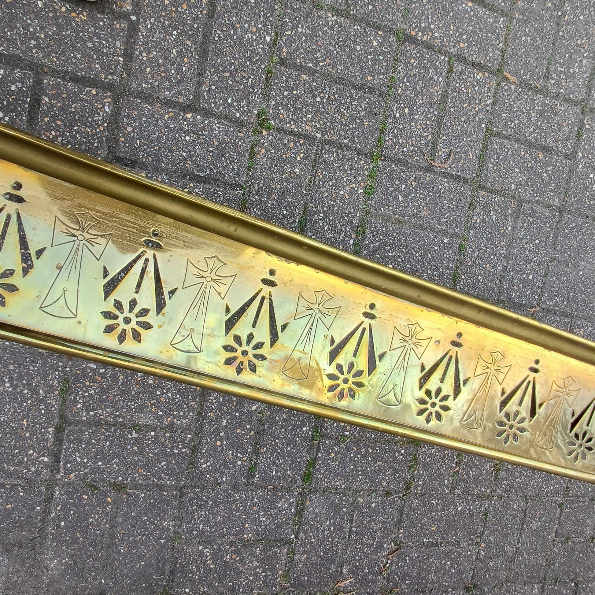 Antique Brass Fireplace Fender Victorian Gothic Art Nouveau Pierced Cross Star Motif Rolled Edge Patina Decorative Hearth Guard