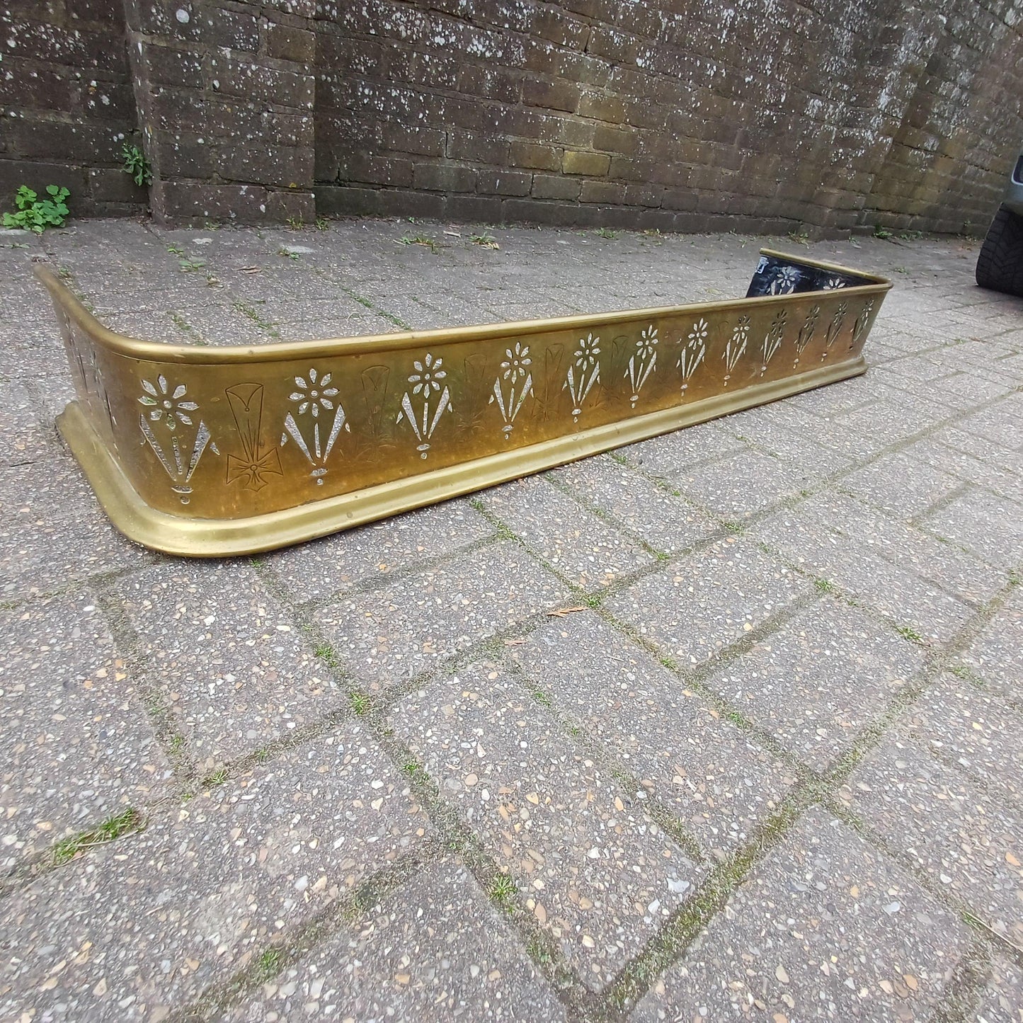 Antique Brass Fireplace Fender Victorian Gothic Art Nouveau Pierced Cross Star Motif Rolled Edge Patina Decorative Hearth Guard