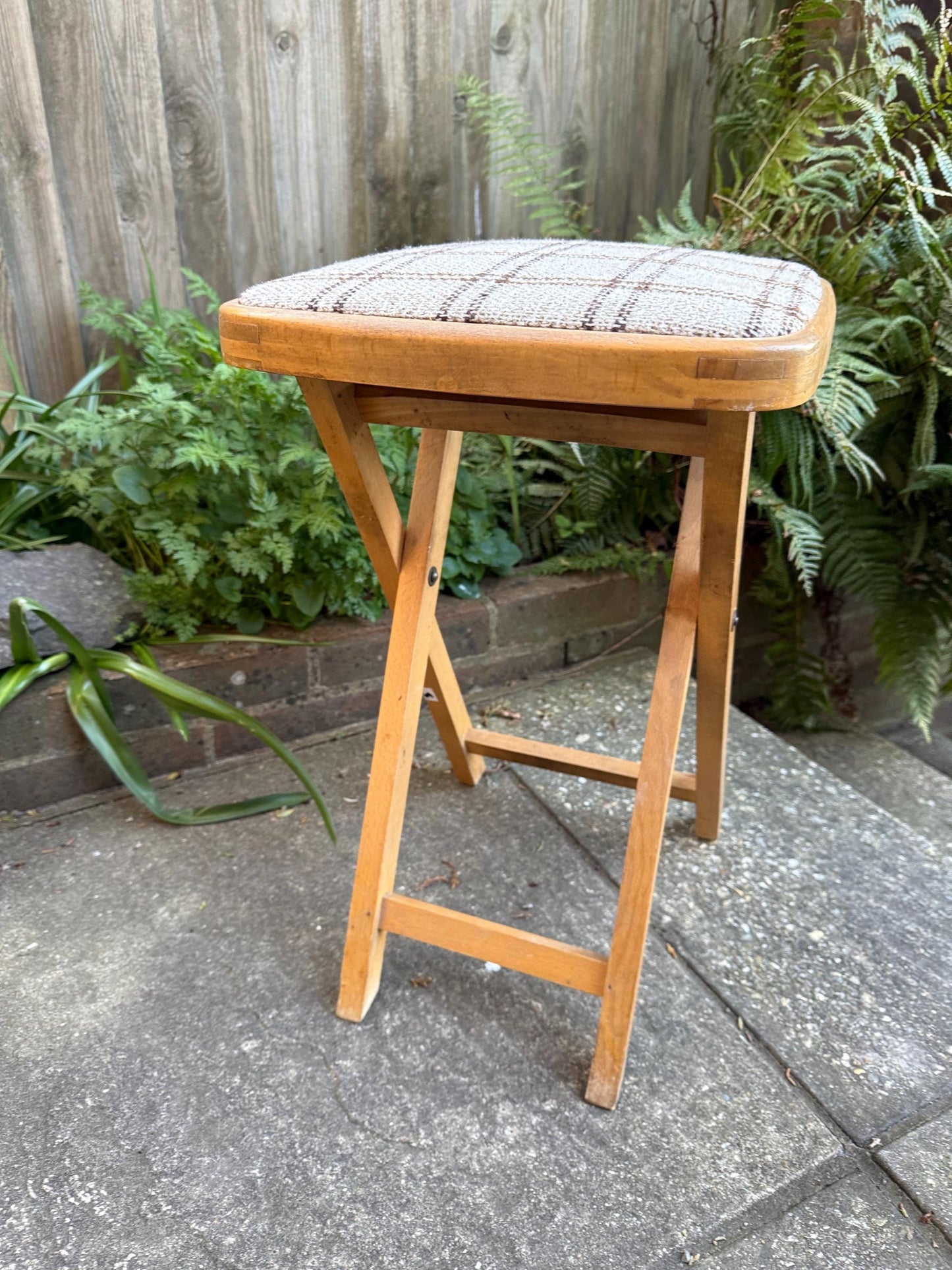 Retro folding upholstered stool - kitchen stool, vintage stool, folding stool