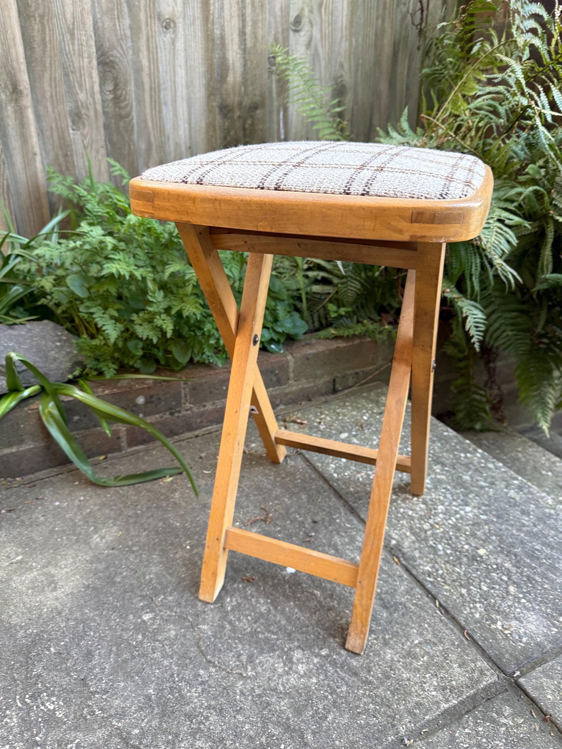 Retro folding upholstered stool - kitchen stool, vintage stool, folding stool