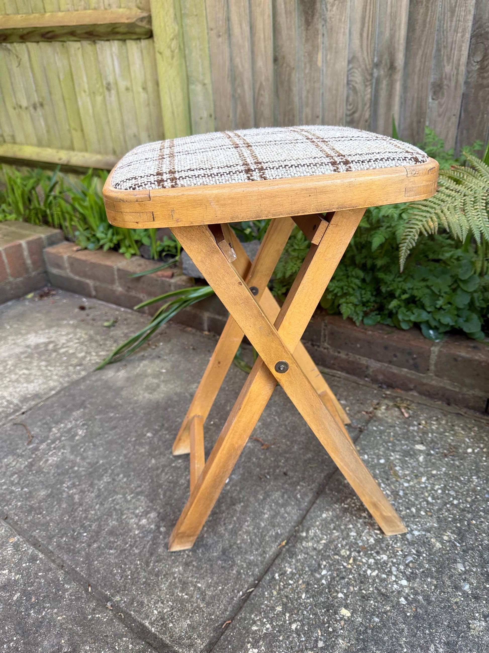 Retro folding upholstered stool - kitchen stool, vintage stool, folding stool