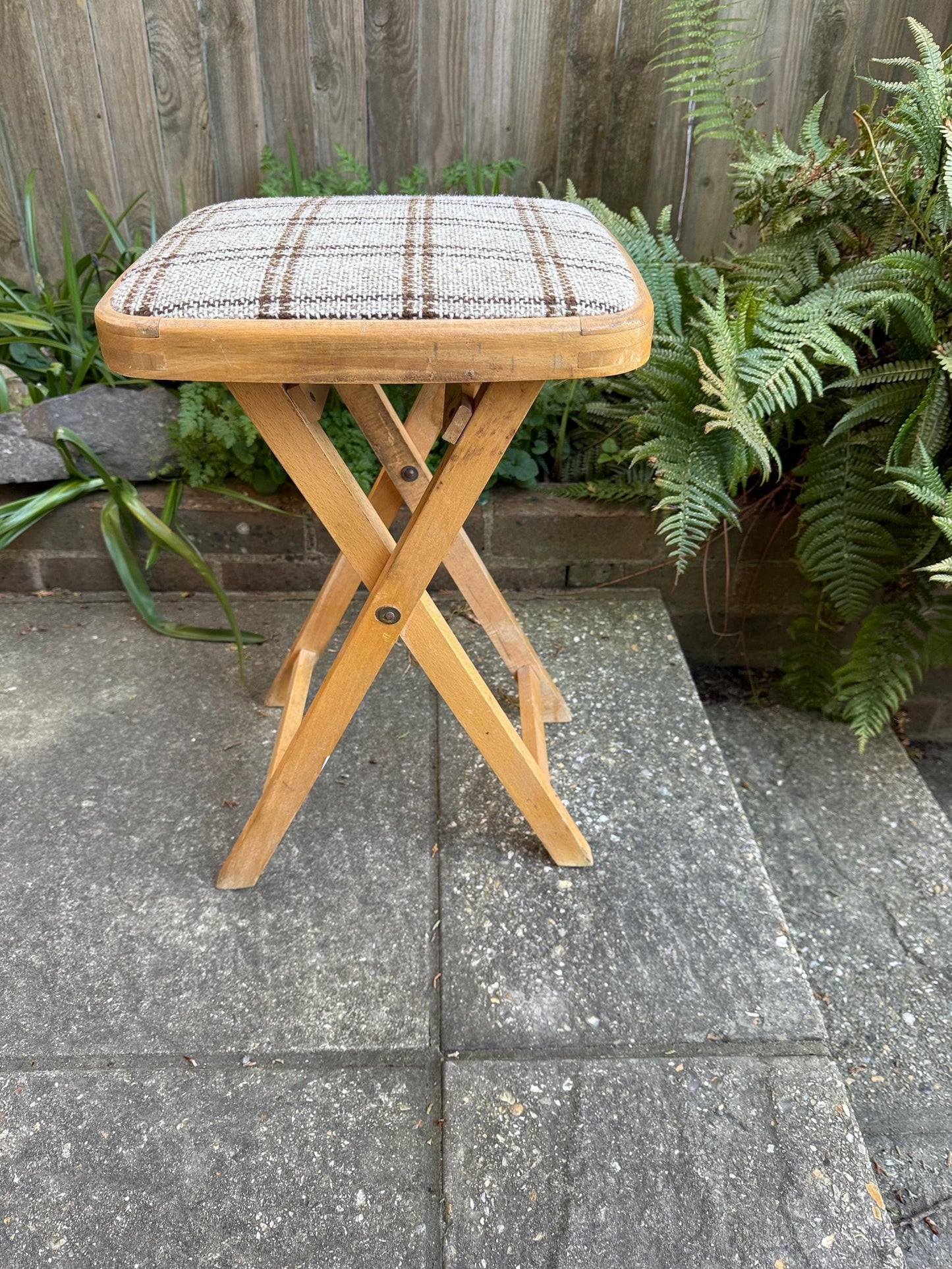 Retro folding upholstered stool - kitchen stool, vintage stool, folding stool