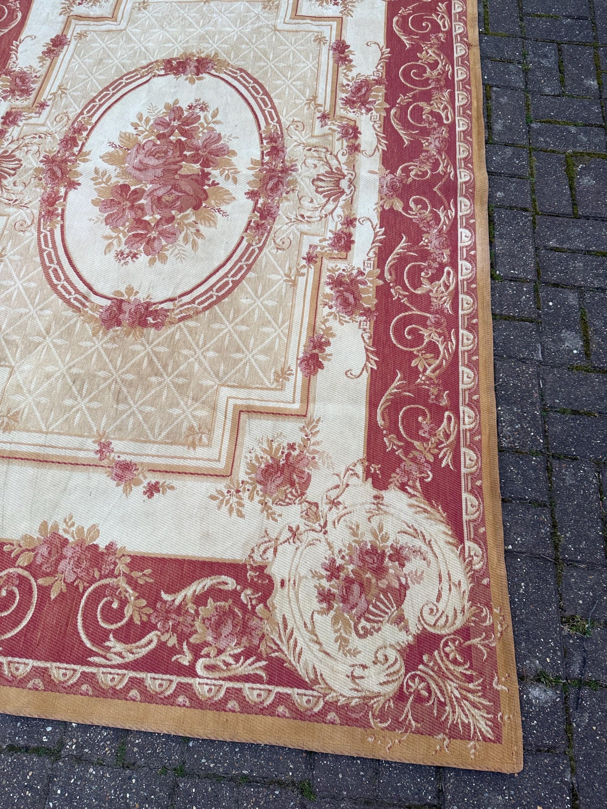 Large vintage Laura Ashley Aubusson indoor rug in wool and cotton mix - red, gold, beige, brown - 228cm x 156cm