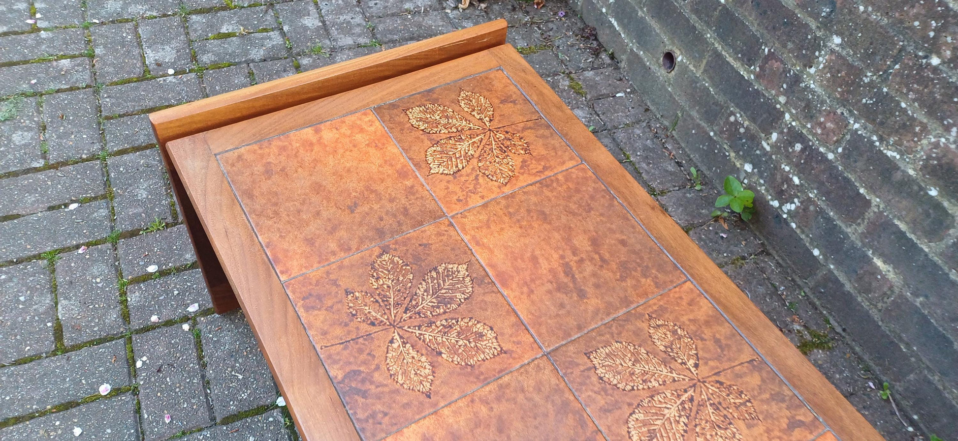 Vintage Mid-Century Modern Teak and Tiled Coffee Table Chestnut Leaf Design 1970s Retro Boho Scandi Style FREE HAND Delivery
