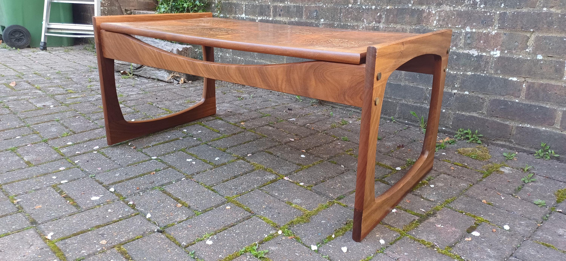 Vintage Mid-Century Modern Teak and Tiled Coffee Table Chestnut Leaf Design 1970s Retro Boho Scandi Style FREE HAND Delivery