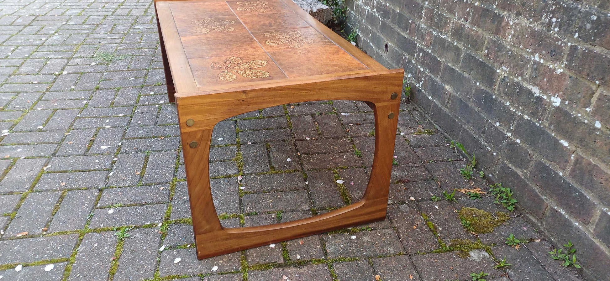 Vintage Mid-Century Modern Teak and Tiled Coffee Table Chestnut Leaf Design 1970s Retro Boho Scandi Style FREE HAND Delivery