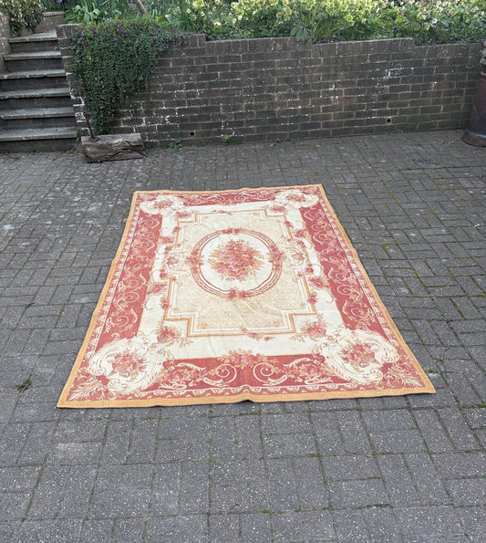 vintage rug in red, gold, cream, beige. made for laura ashley in 80s or 90s. large indoor rug in red and gold