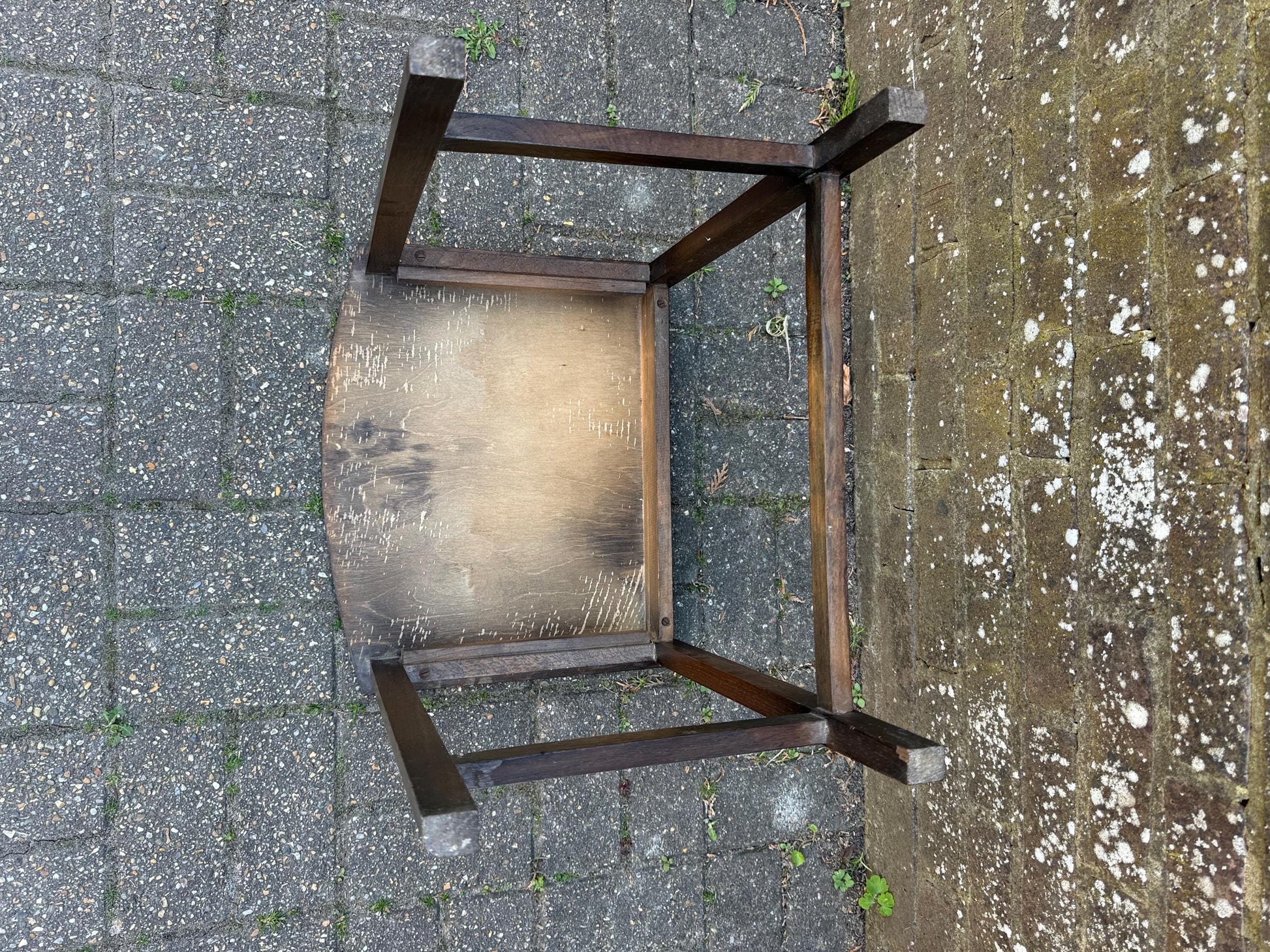 Unique vintage small wooden oak table, plant stand, retro table with stripped top (31cm x 45cm x 31cm)