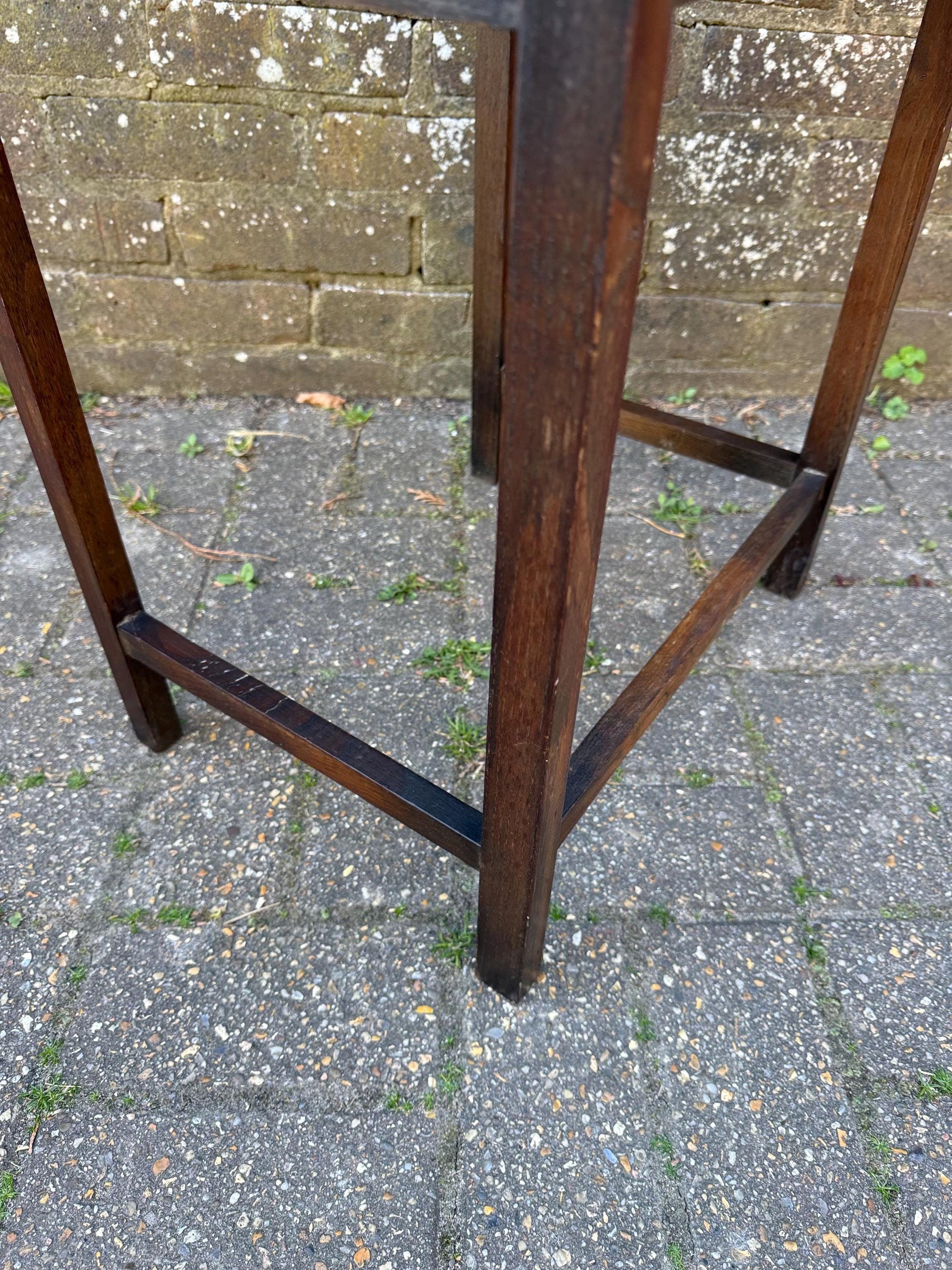 Unique vintage small wooden oak table, plant stand, retro table with stripped top (31cm x 45cm x 31cm)