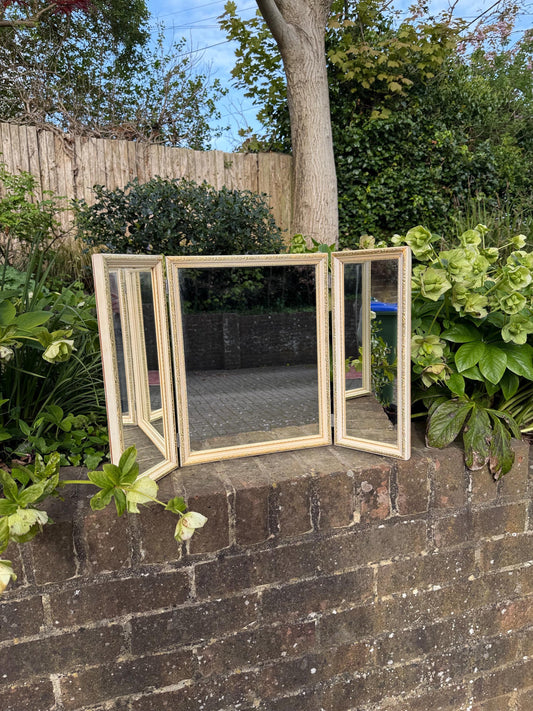 Retro vintage triple mirror, vintage dressing table mirror, cream and gold bedroom vanity mirror