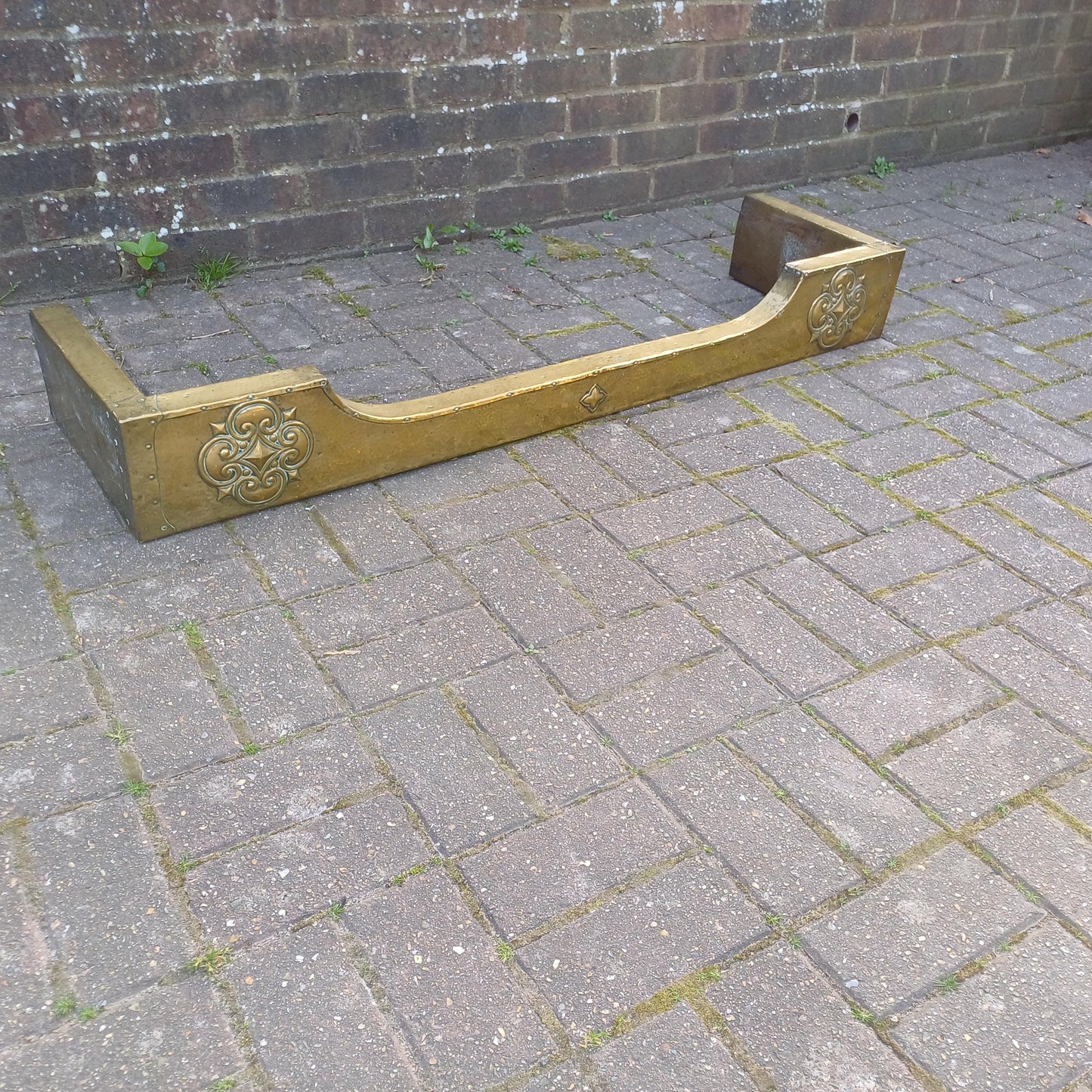 Antique Brass Clad Fireplace Fender Late Victorian or Edwardian, Hand-Tooled Arts & Crafts Gothic Revival Style