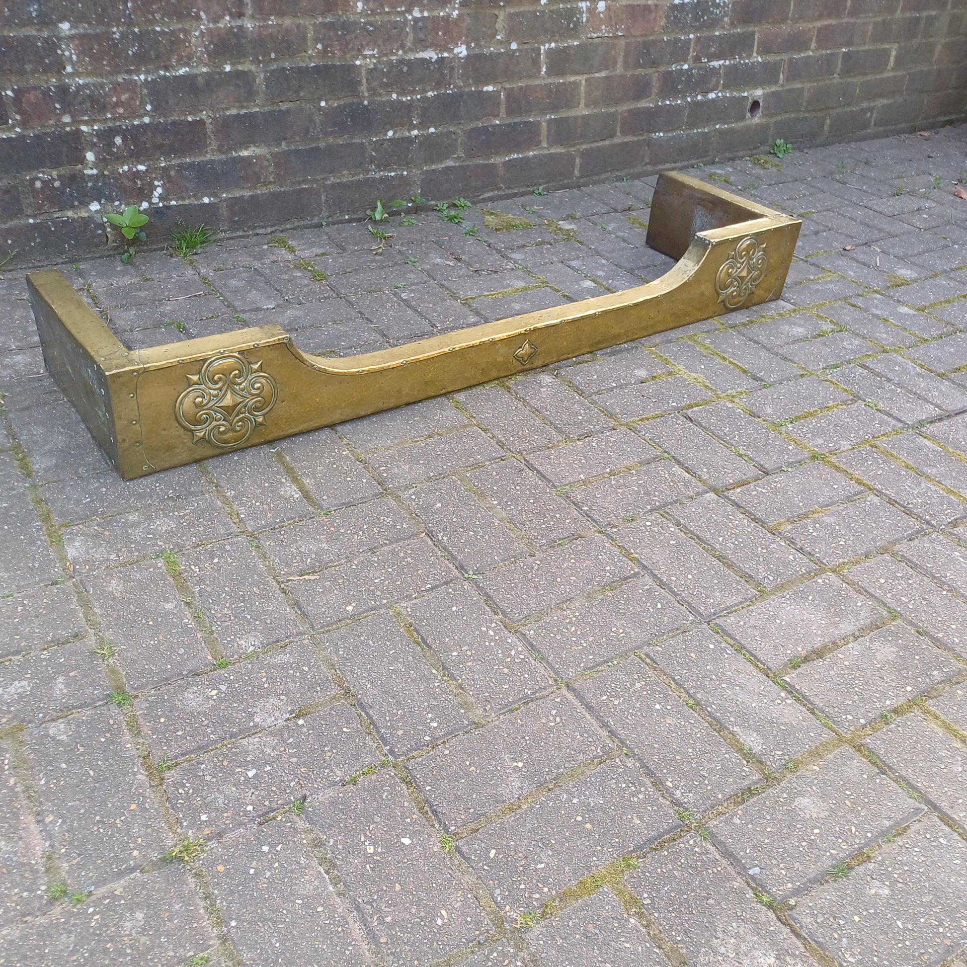 Antique Brass Clad Fireplace Fender Late Victorian or Edwardian, Hand-Tooled Arts & Crafts Gothic Revival Style