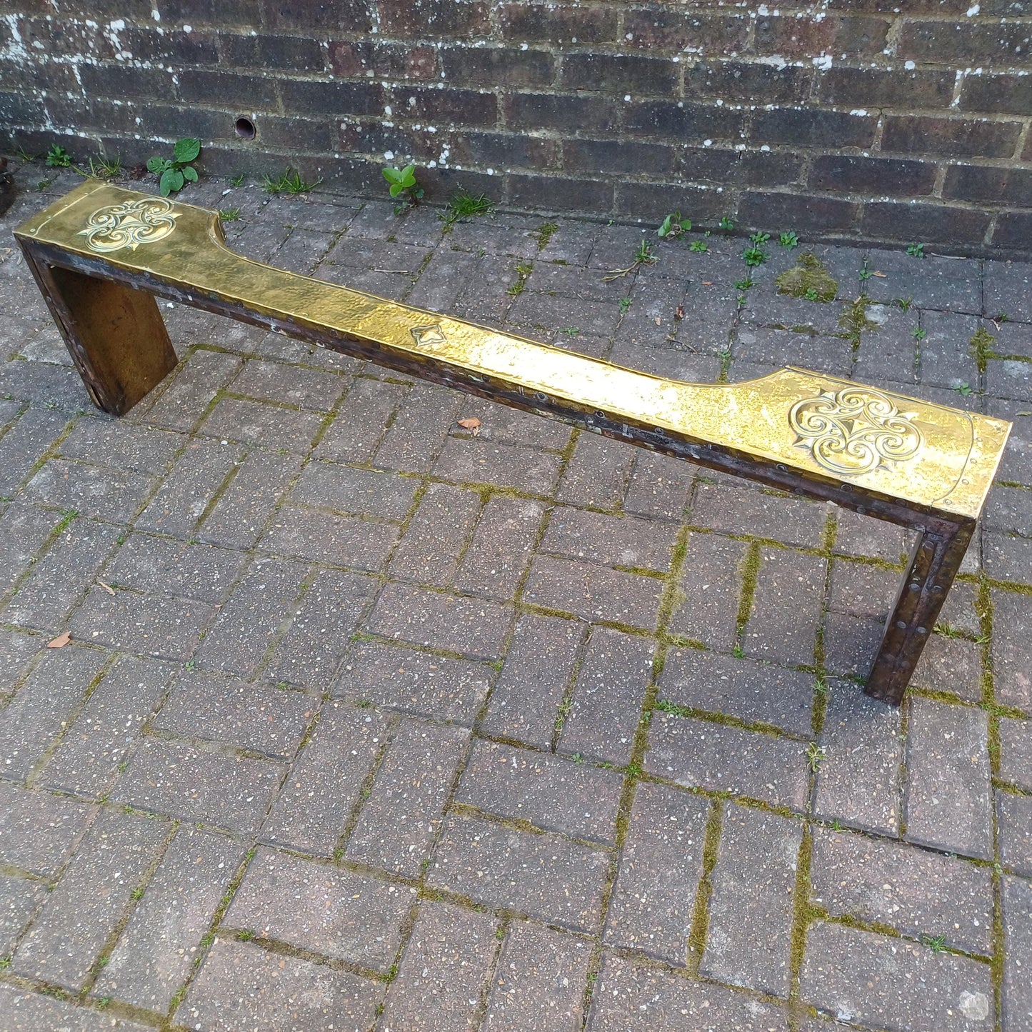 Antique Brass Clad Fireplace Fender Late Victorian or Edwardian, Hand-Tooled Arts & Crafts Gothic Revival Style