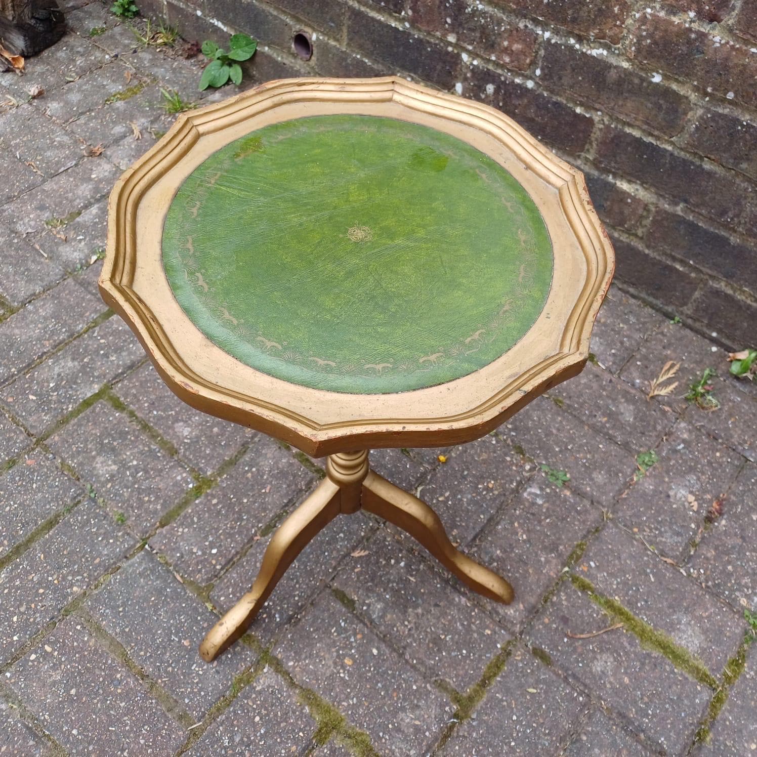 Vintage upcycled wine table, side or lamp table - gorgeous 1980s table with a matt gold painted finish & the original green leatherette top