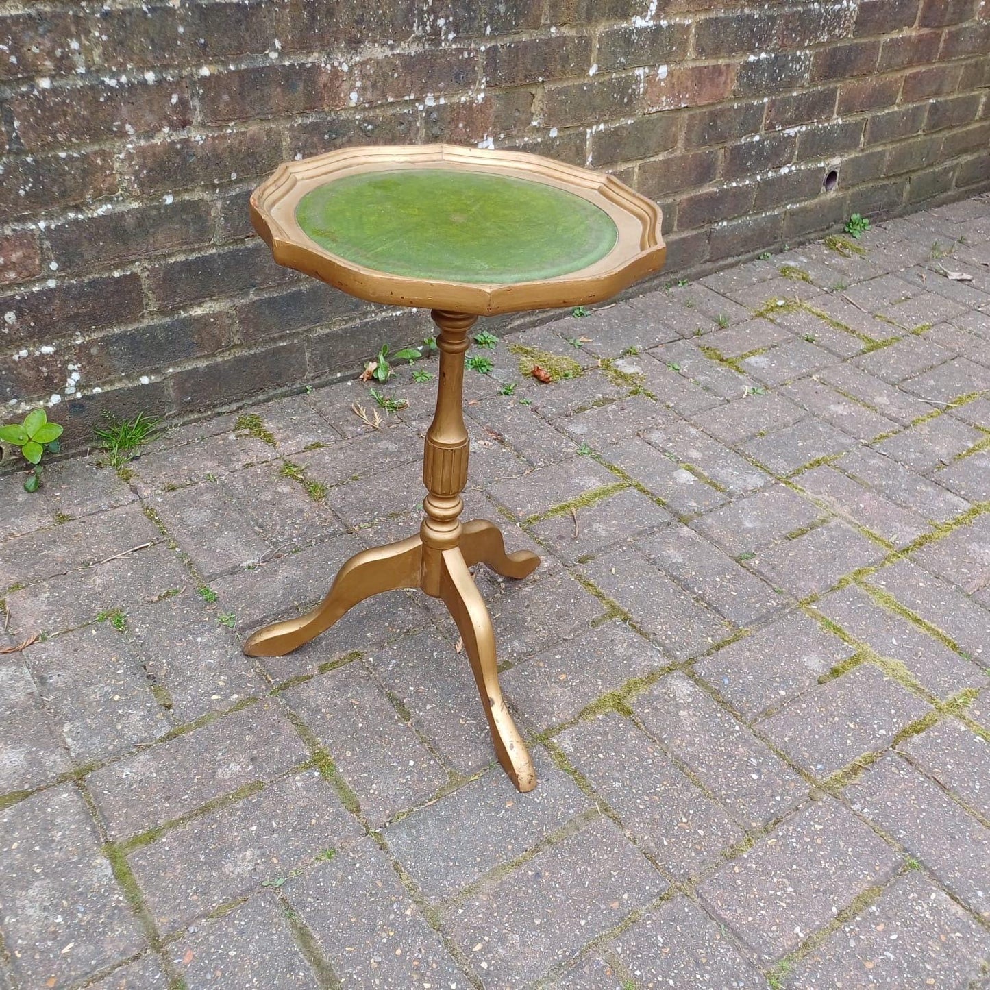 Vintage upcycled wine table, side or lamp table - gorgeous 1980s table with a matt gold painted finish & the original green leatherette top