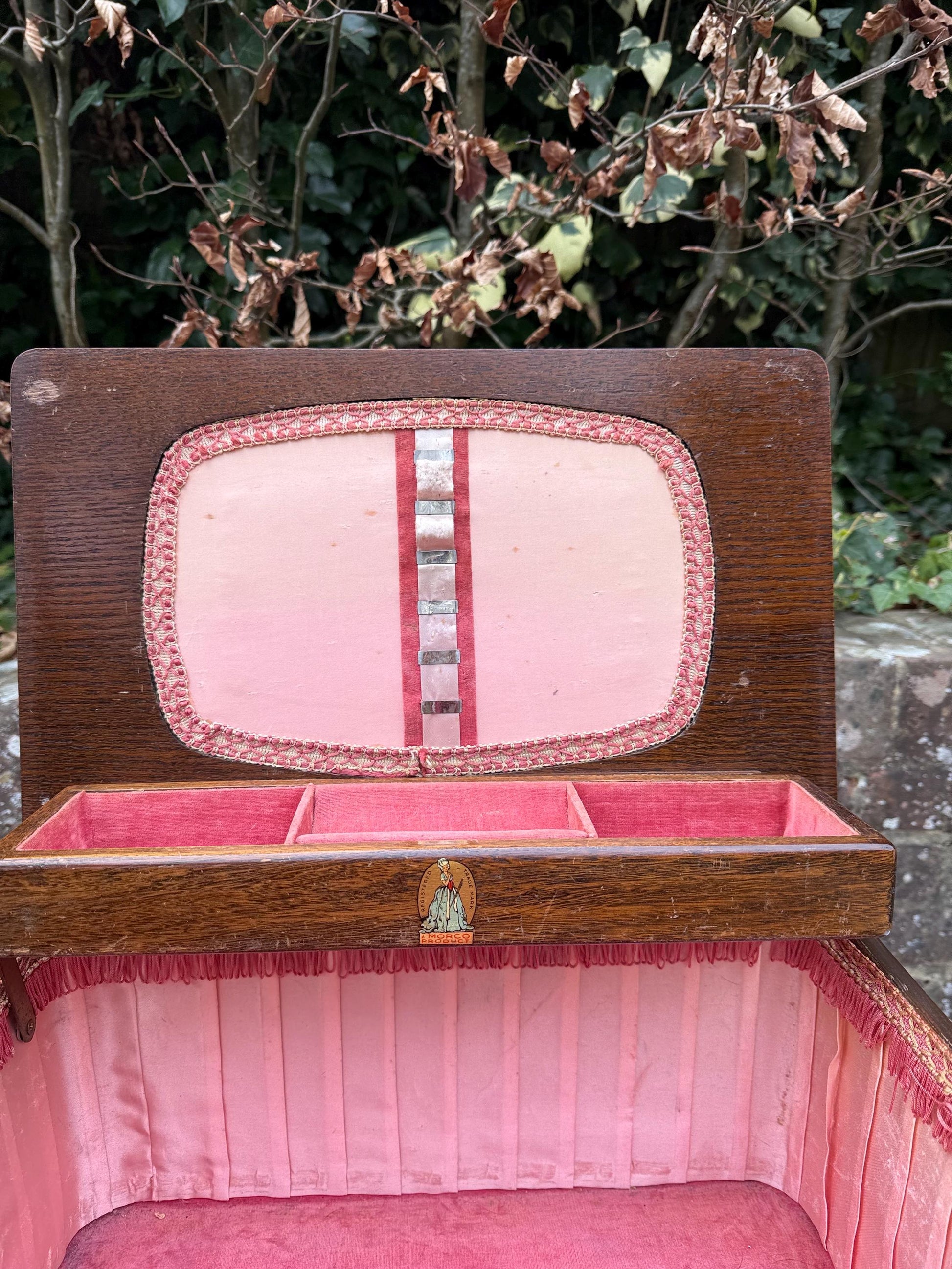 Vintage Sewing Box, wooden vintage work box, made by Morco in the 1940s-50s, pink and velvet satin lining; labelled.
