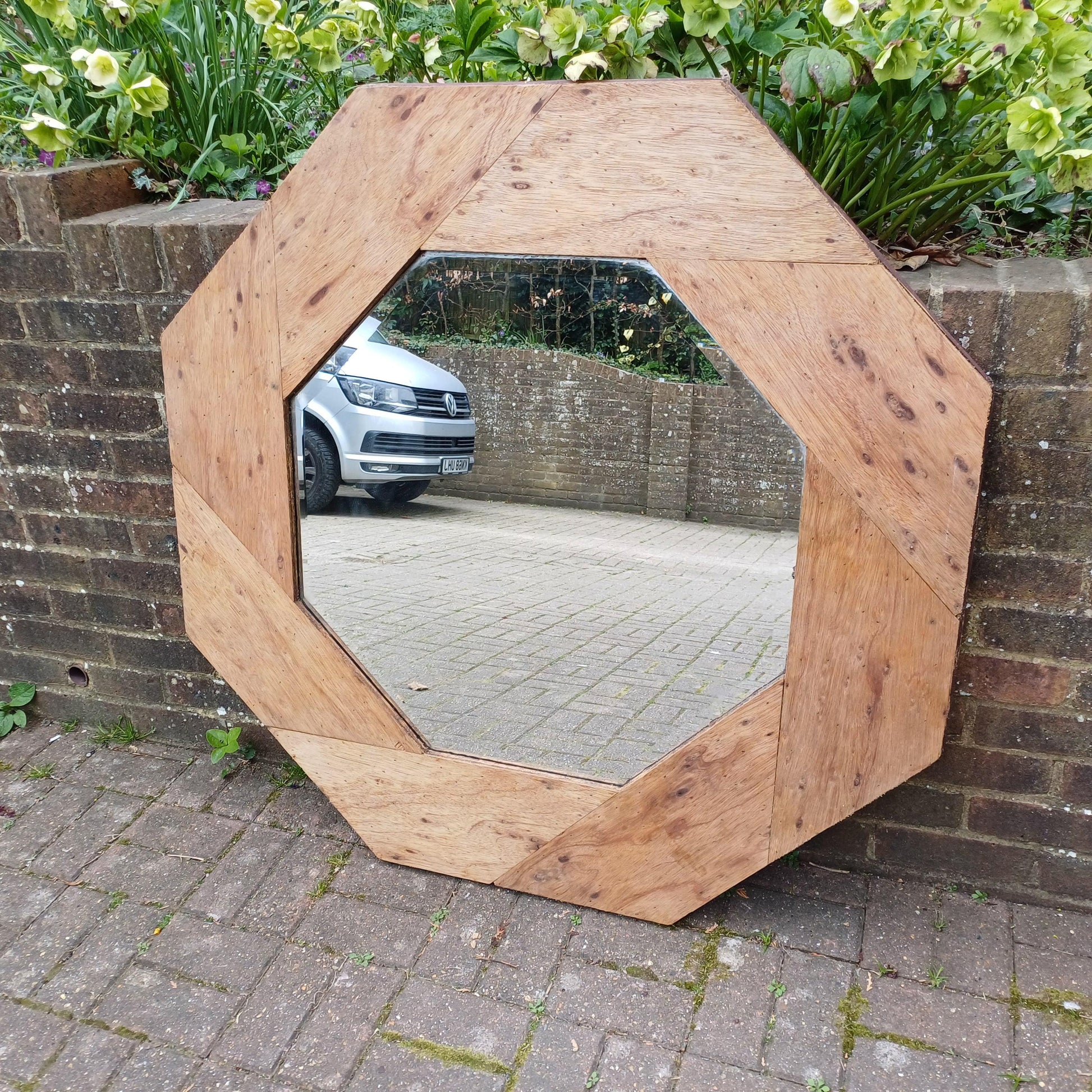 Large 1980s Upcycled Octagonal Mirror Stripped Plywood Frame with Bevelled Glass Rustic Vintage Industrial Wall Mirror FREE HAND Delivery