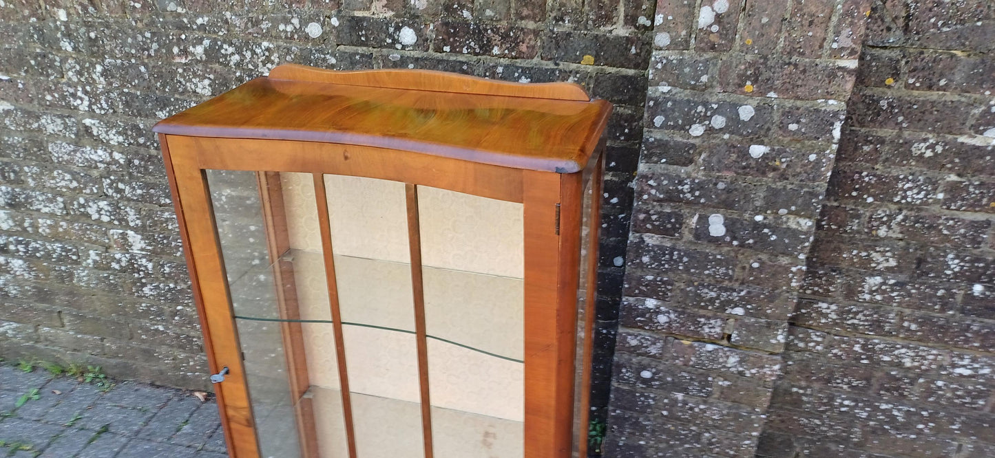 Vintage Bow Front Glass Display Cabinet Mid Century Walnut Curio Case with Cabriole Legs & Velvet Backing