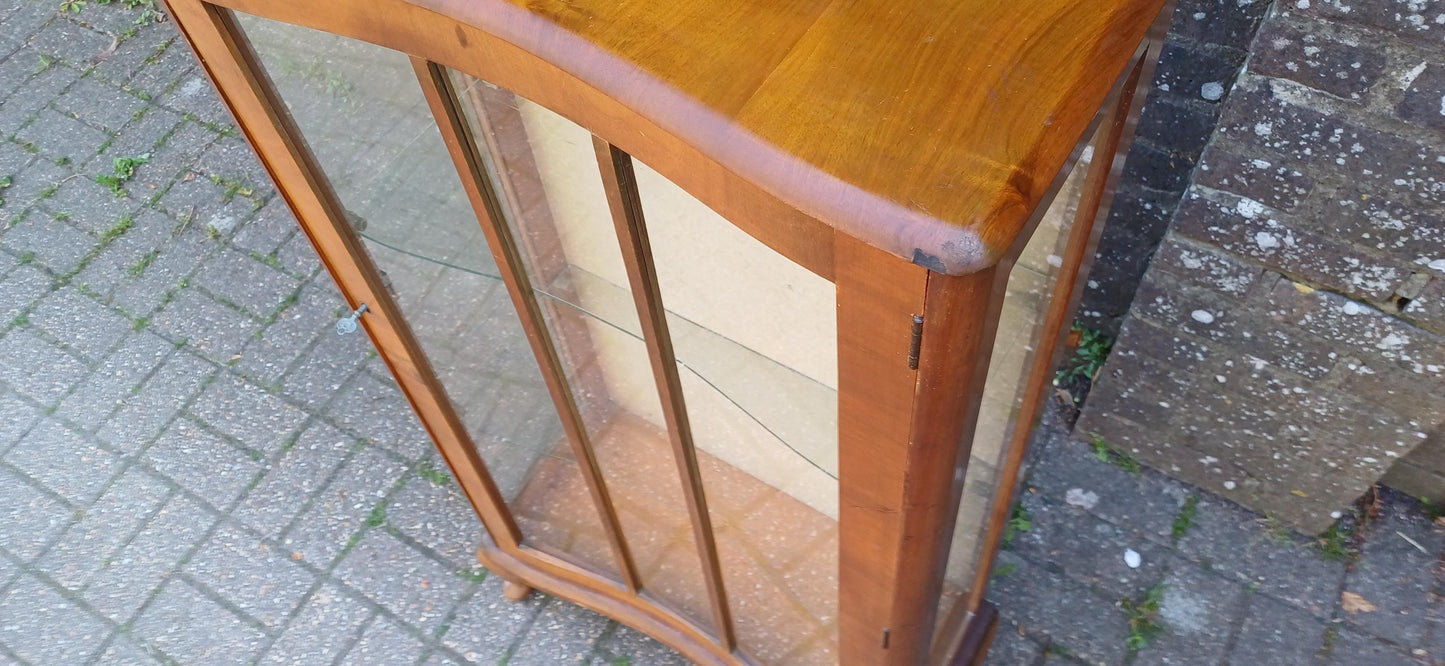 Vintage Bow Front Glass Display Cabinet Mid Century Walnut Curio Case with Cabriole Legs & Velvet Backing