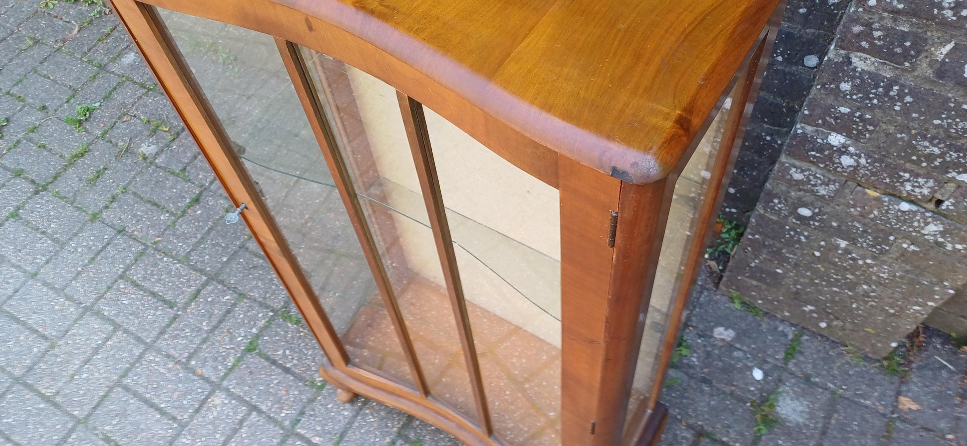 Vintage Bow Front Glass Display Cabinet Mid Century Walnut Curio Case with Cabriole Legs & Velvet Backing