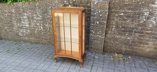 Vintage Bow Front Glass Display Cabinet Mid Century Walnut Curio Case with Cabriole Legs & Velvet Backing