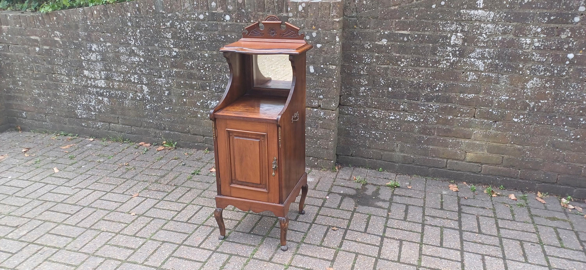 Victorian Mahogany Music Cabinet Narrow Ornate Antique Storage with Brass Details & Mirror, Elegant Hallway Display FREE HAND Delivery