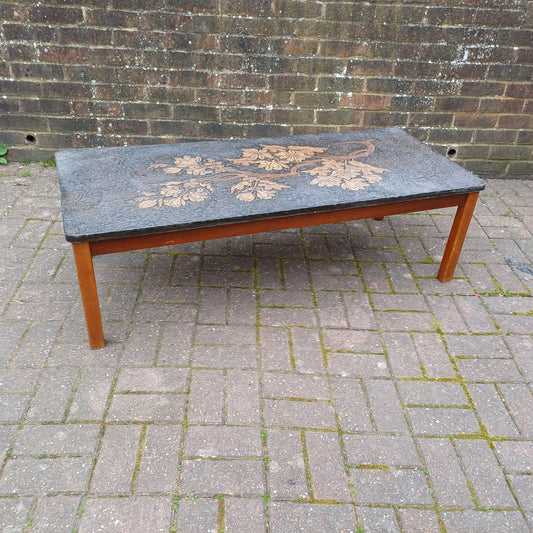 Huge Mid-Century Retro Sculpted Coffee Table 1970s Floral Relief Top Brutalist Art Nouveau Style Gold Bronze Resin FREE HAND Delivery
