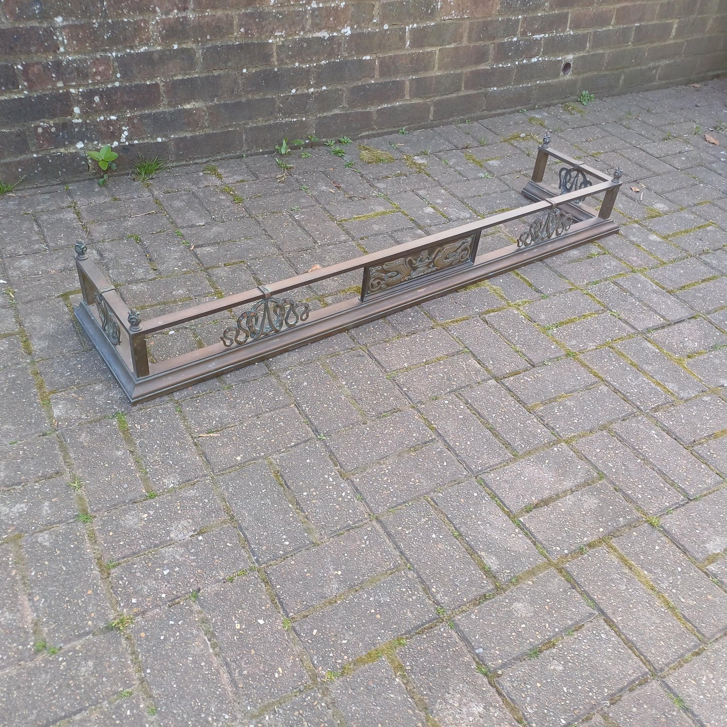 Antique Brass & Iron Fireplace Fender Rococo Heron Motif Georgian Regency Style Ornate Fire Surround Aged Patina Late 19th Century