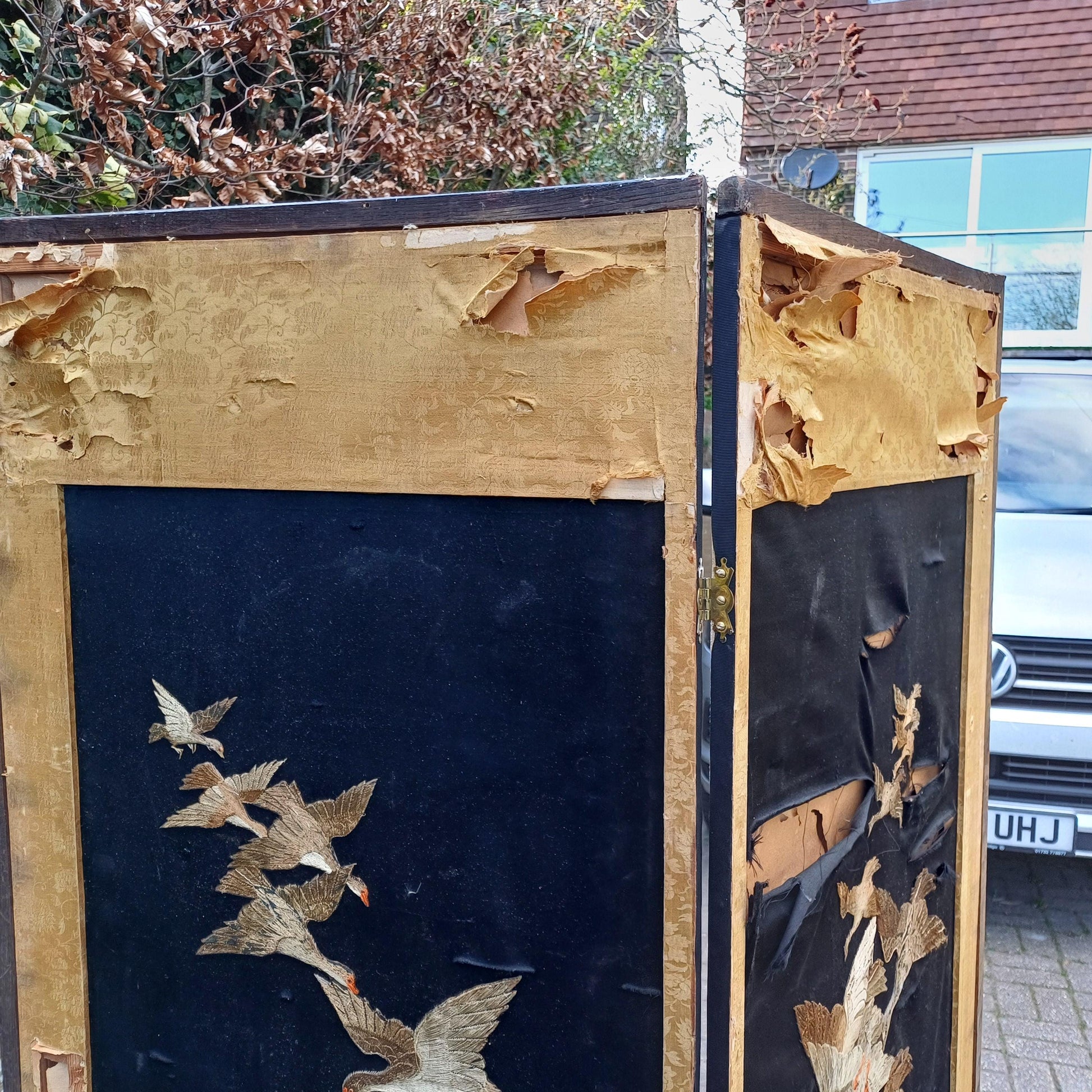 Vintage Double-Sided Folding Screen 2 Panel Room Divider Gold Floral Fabric & Embroidered Birds Chinoiserie Style Antique FREE HAND Delivery