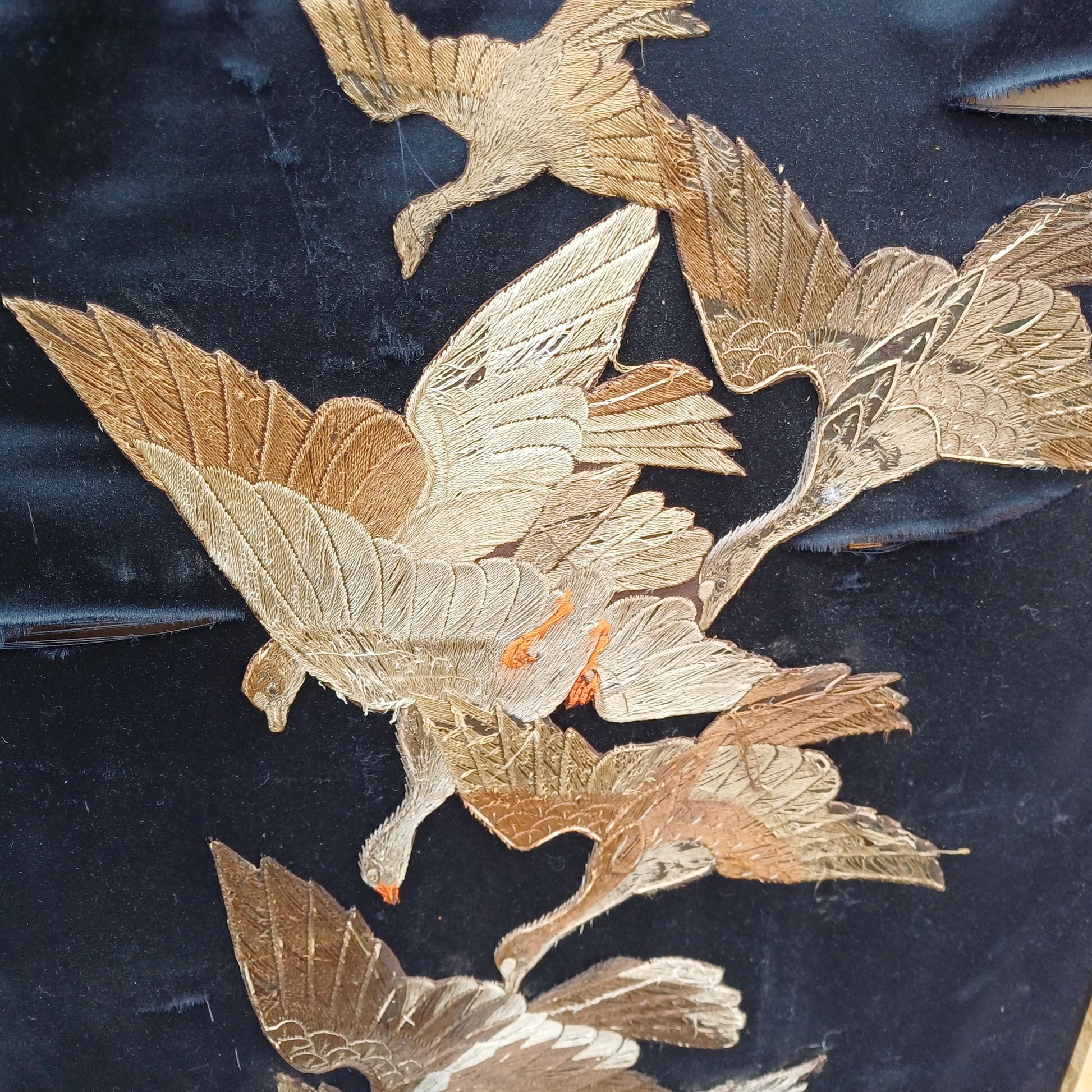 Vintage Double-Sided Folding Screen 2 Panel Room Divider Gold Floral Fabric & Embroidered Birds Chinoiserie Style Antique FREE HAND Delivery