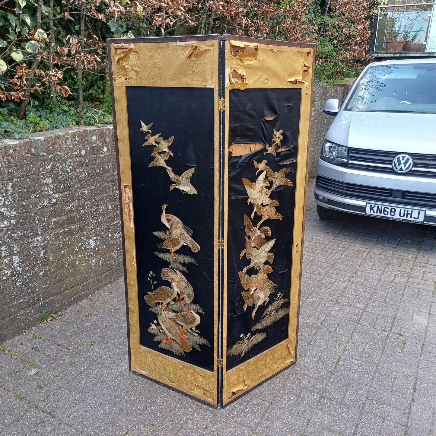 Vintage Double-Sided Folding Screen 2 Panel Room Divider Gold Floral Fabric & Embroidered Birds Chinoiserie Style Antique FREE HAND Delivery