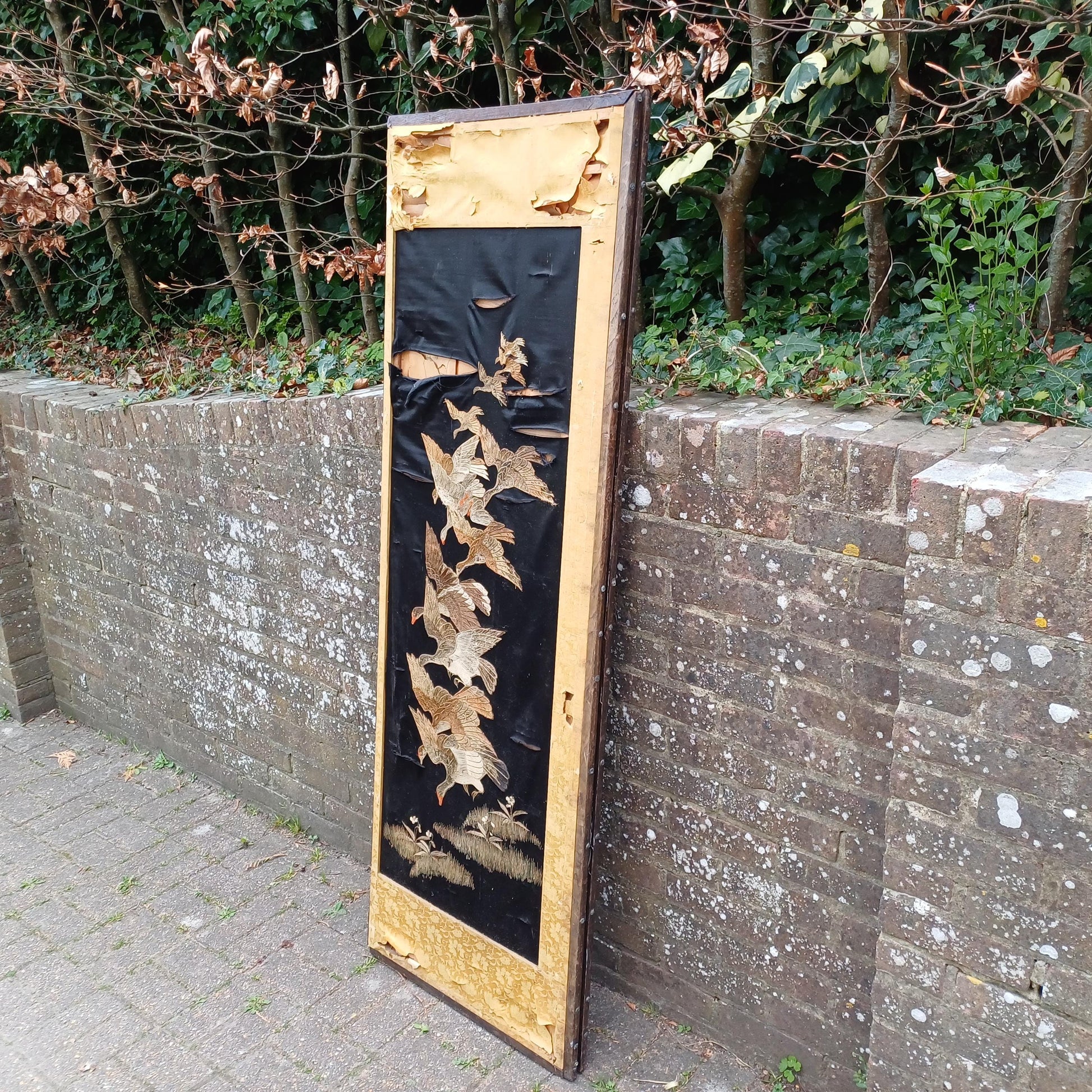 Vintage Double-Sided Folding Screen 2 Panel Room Divider Gold Floral Fabric & Embroidered Birds Chinoiserie Style Antique FREE HAND Delivery