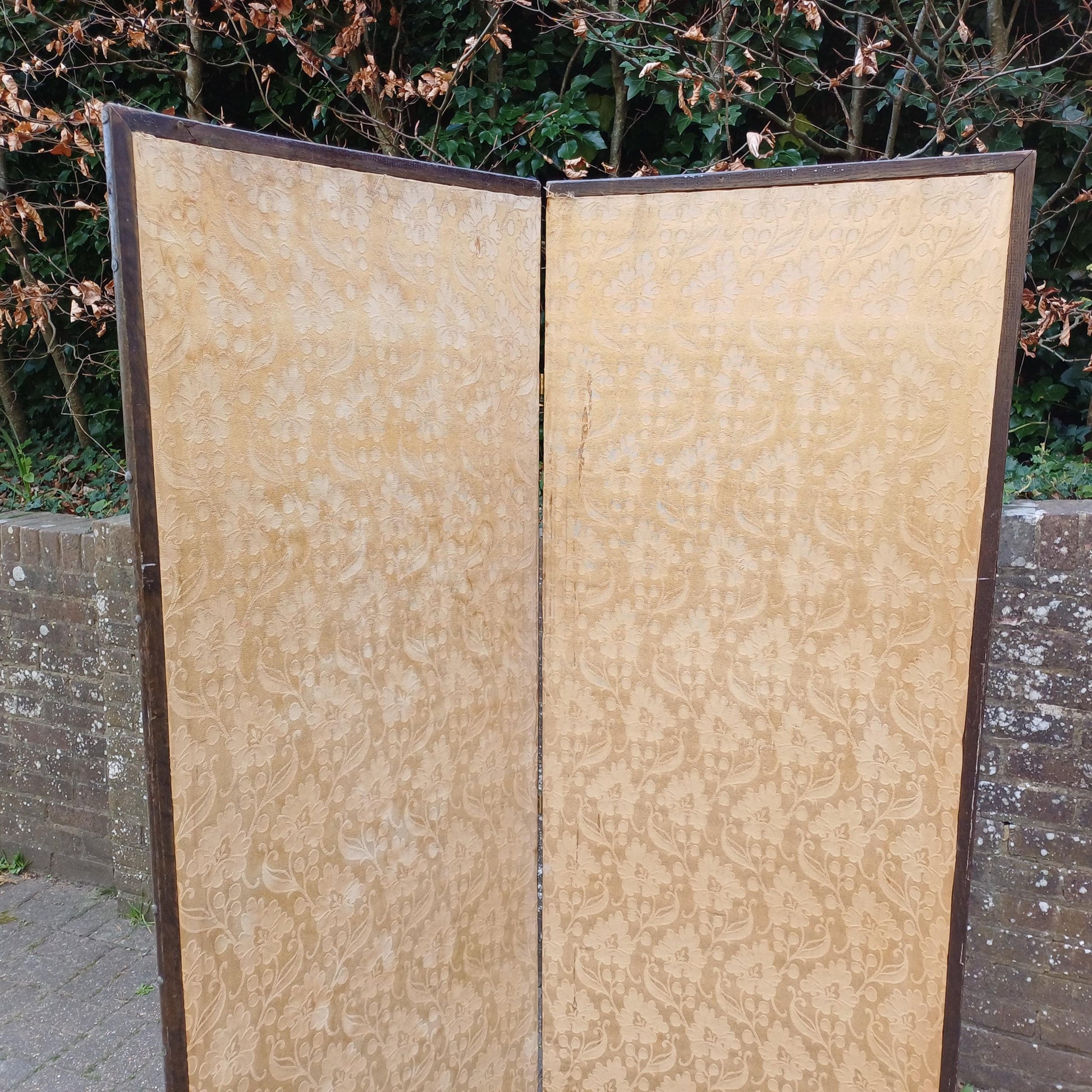 Vintage Double-Sided Folding Screen 2 Panel Room Divider Gold Floral Fabric & Embroidered Birds Chinoiserie Style Antique FREE HAND Delivery