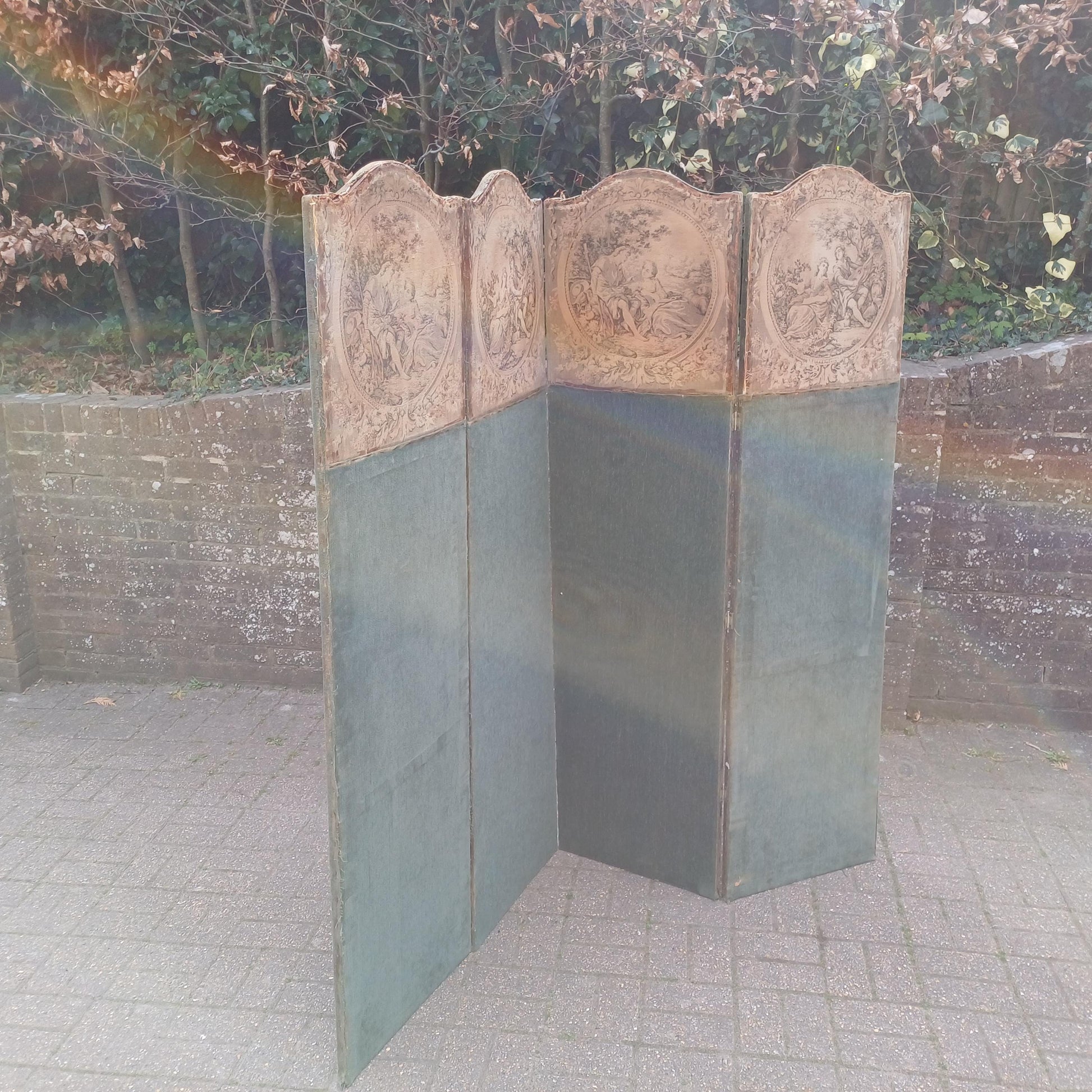 Vintage Double Sided Folding Screen 4 Panel Room Divider Rococo Tapestry Scenes and Green Fabric Country Antique Style FREE HAND Delivery