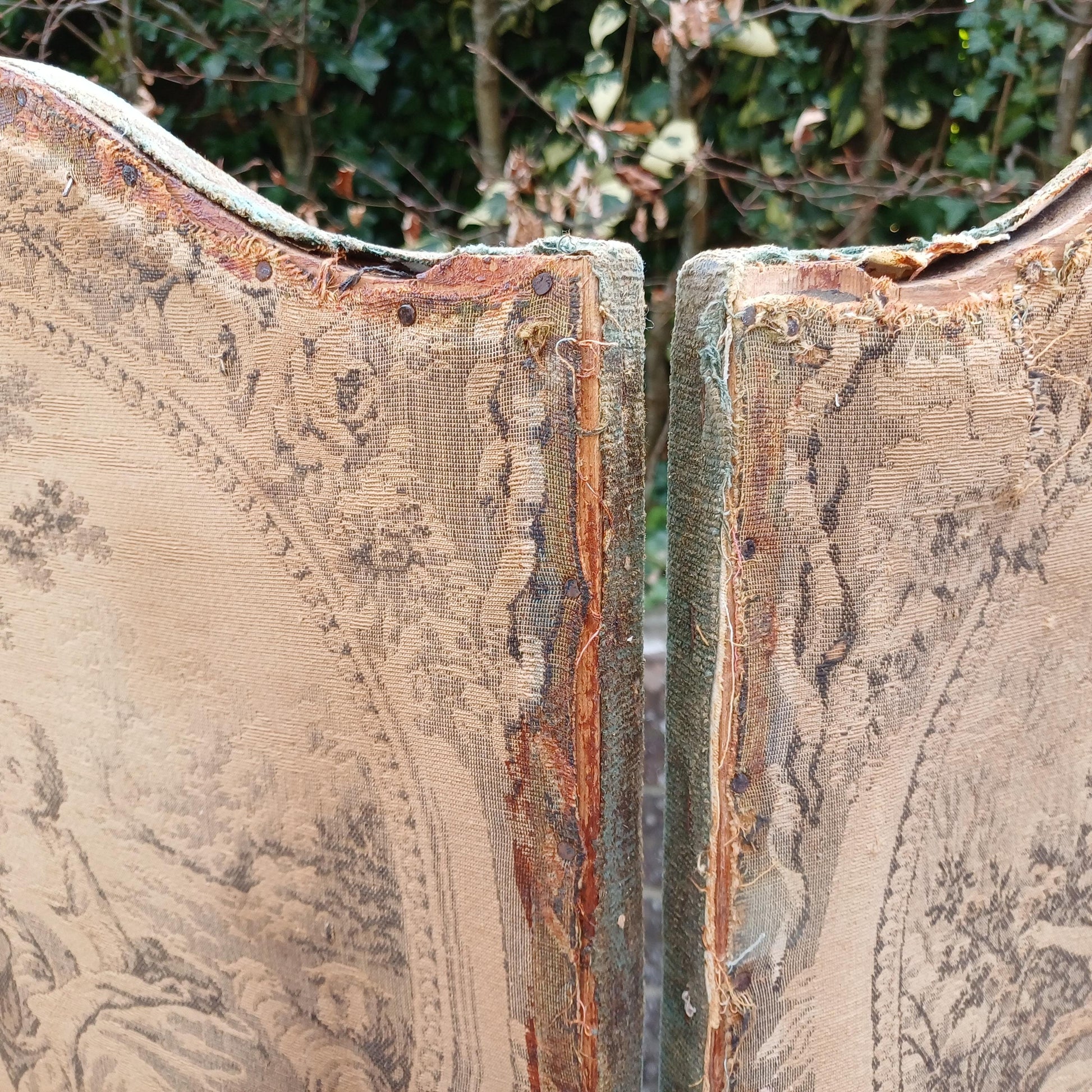 Vintage Double Sided Folding Screen 4 Panel Room Divider Rococo Tapestry Scenes and Green Fabric Country Antique Style FREE HAND Delivery